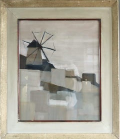 Mid Century Modern Minimalist Landscape Oil Painting - Windmill on the Hill