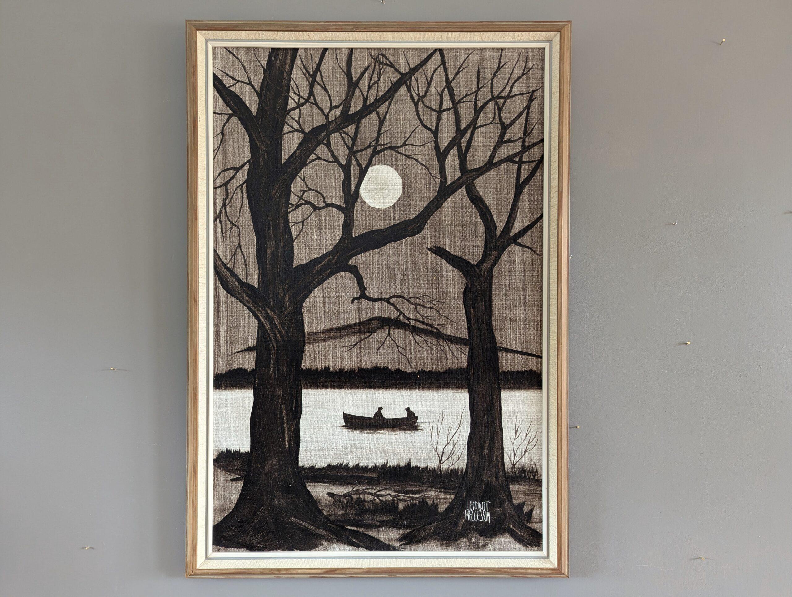 Mid-Century Modern Monochrome River Landscape Oil Painting -Boat Under Moonlight 7