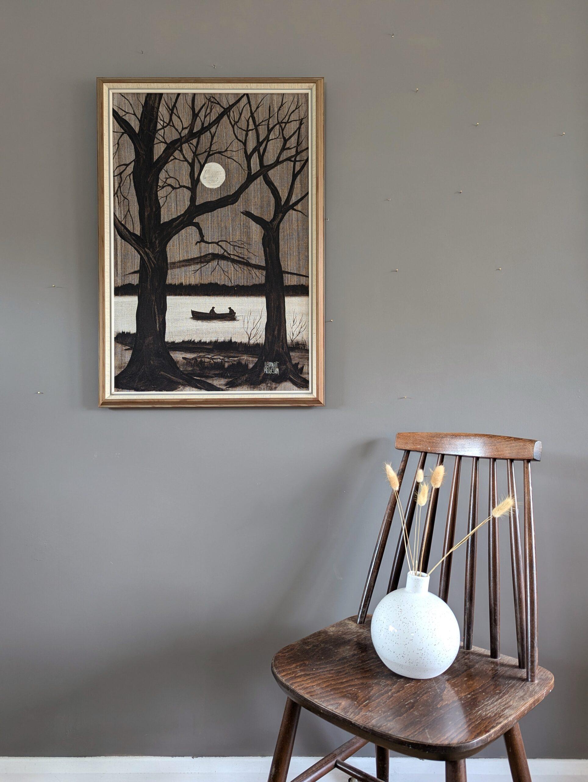 Mid-Century Modern Monochrome River Landscape Oil Painting -Boat Under Moonlight - Gray Landscape Painting by Unknown