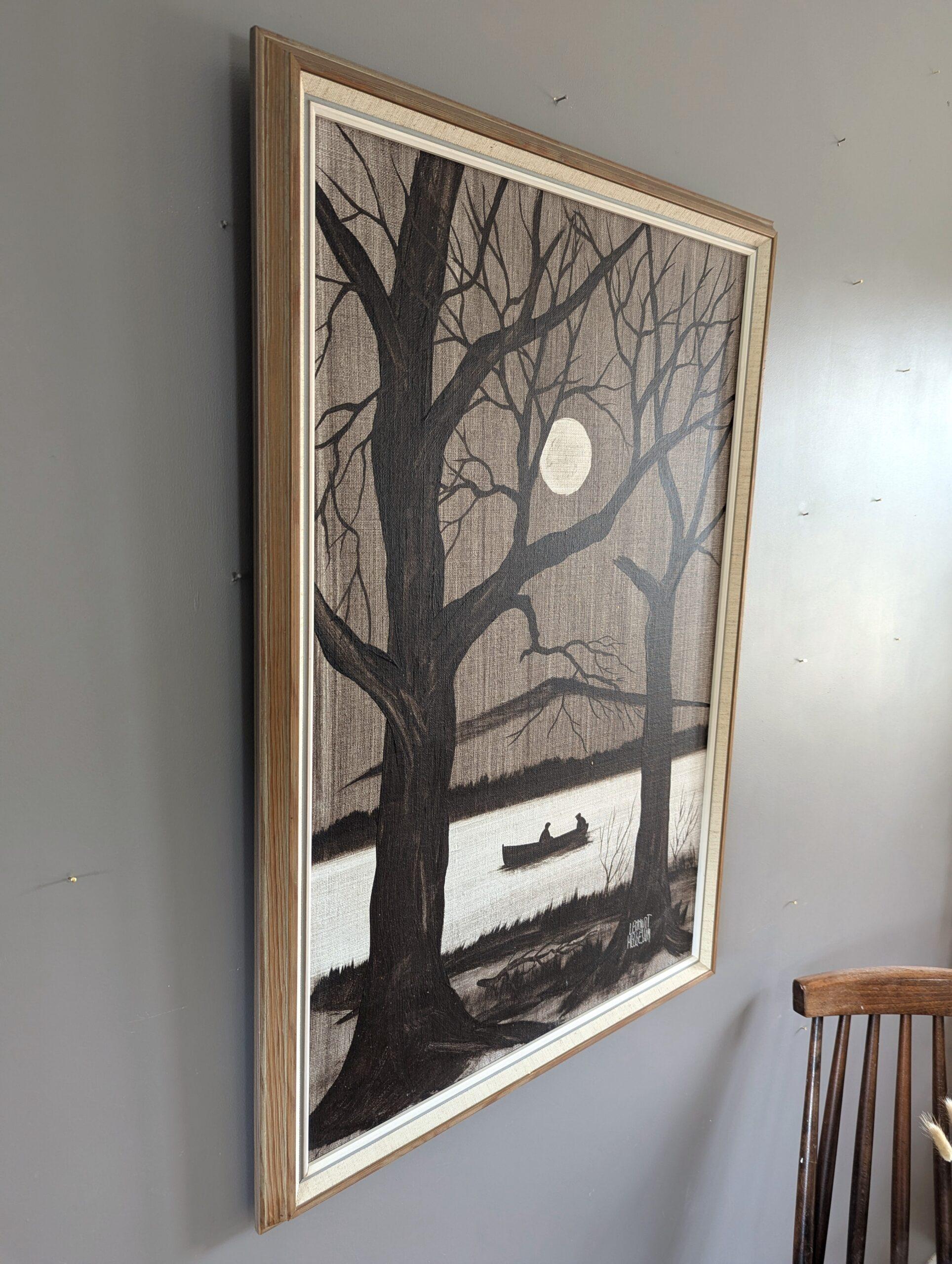 BOAT UNDER MOONLIGHT
Size: 75 x 51.5 cm (including frame)
Oil on Canvas

A striking mid-century modernist riverside scene, painted in oil on canvas.

Featuring a monochrome palette, the artist contrasts the silhouette of the woods and the riverbank