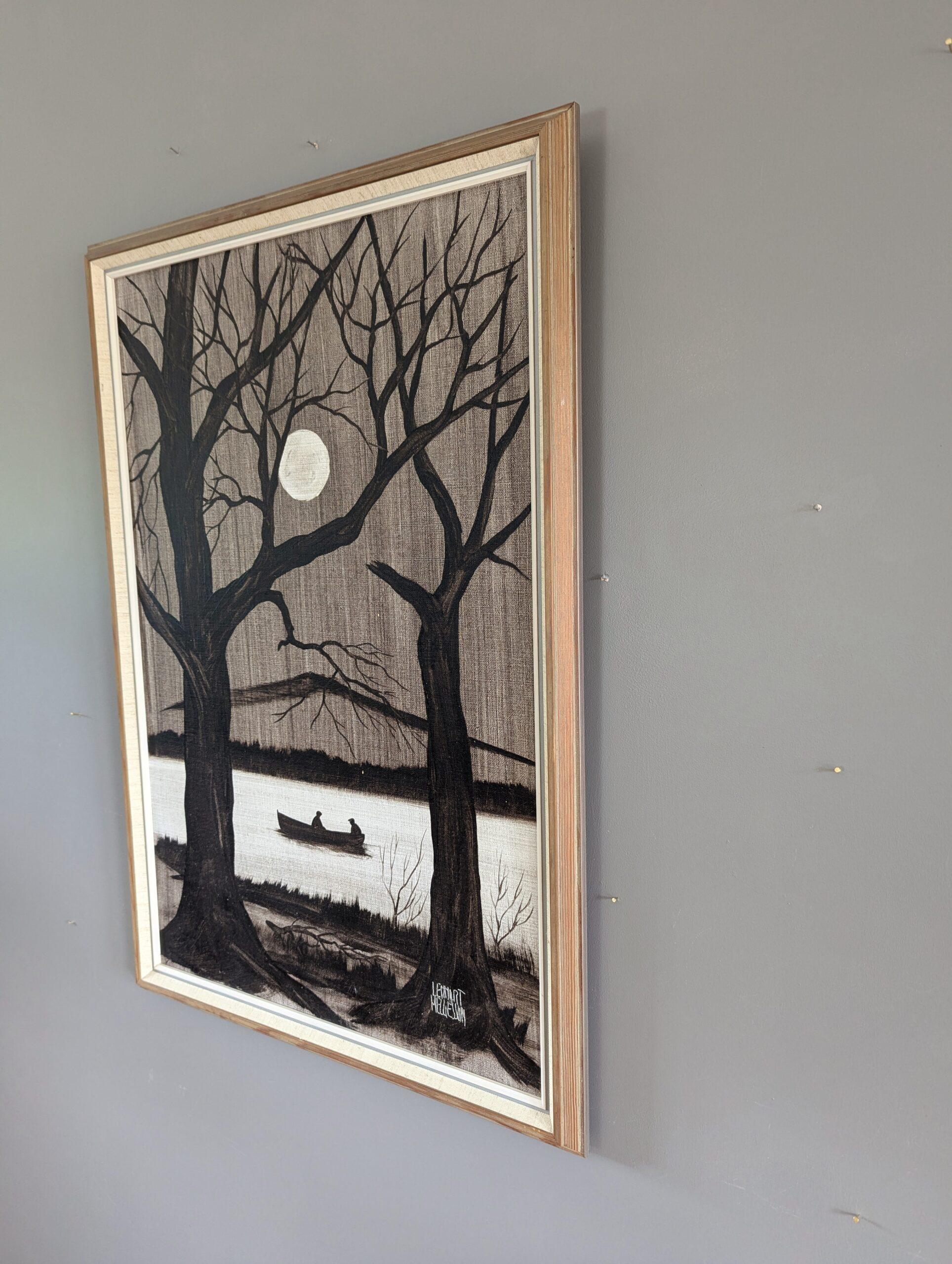 Mid-Century Modern Monochrome River Landscape Oil Painting -Boat Under Moonlight 1