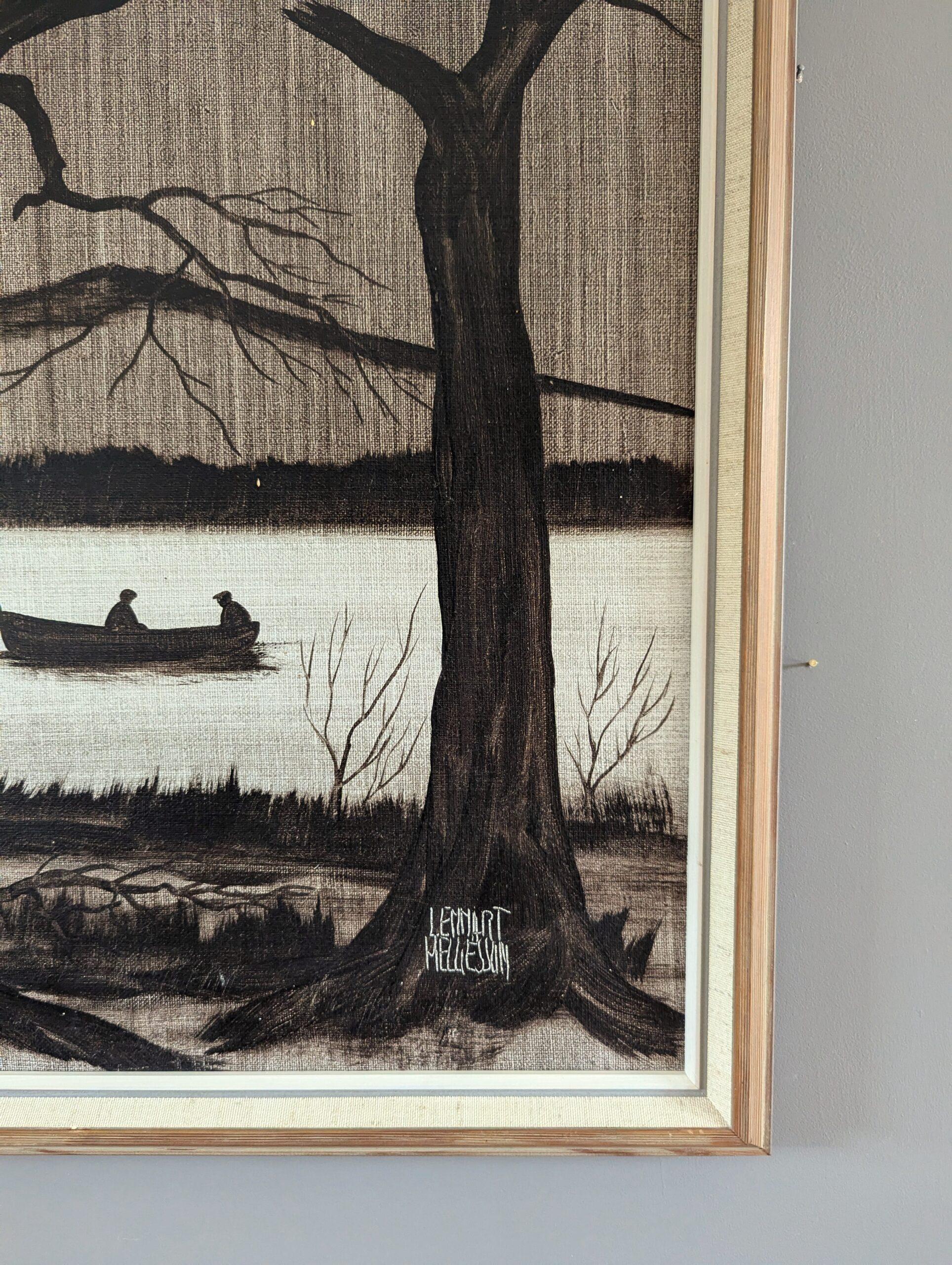 Mid-Century Modern Monochrome River Landscape Oil Painting -Boat Under Moonlight 3