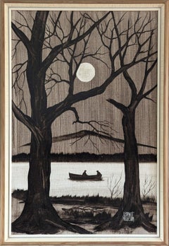 Mid-Century Modern Monochrome River Landscape Oil Painting -Boat Under Moonlight