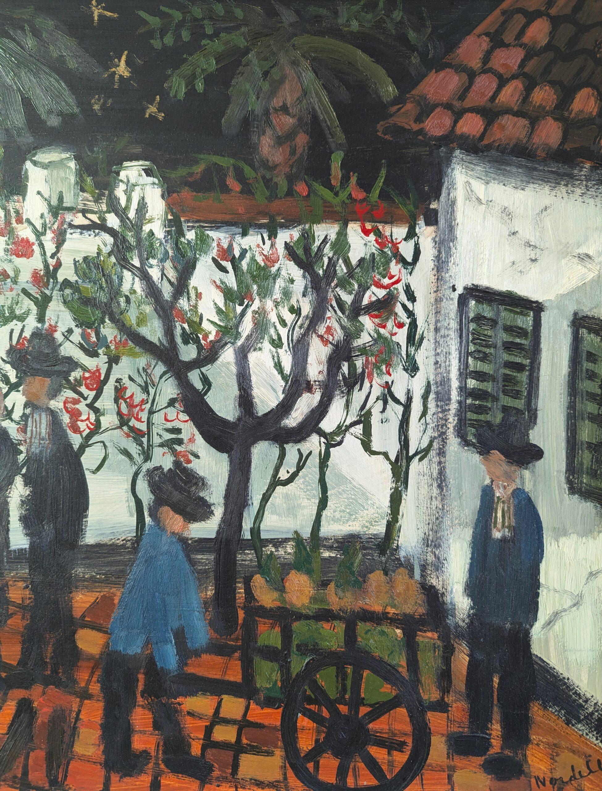 Pittura ad olio figurativa in stile naïf della metà del secolo scorso - Cortile del raccolto in vendita 5