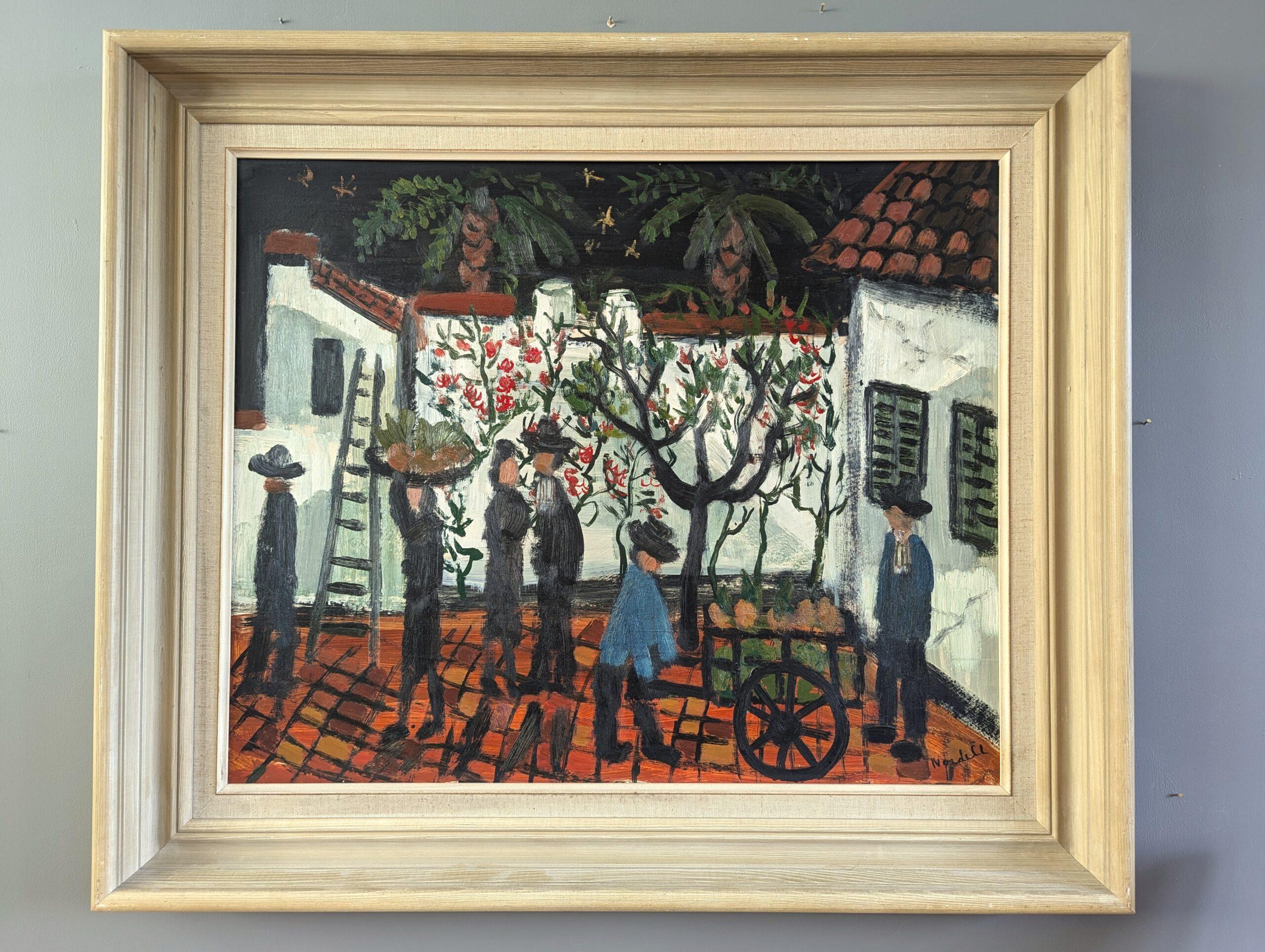 Pittura ad olio figurativa in stile naïf della metà del secolo scorso - Cortile del raccolto - Painting di Unknown
