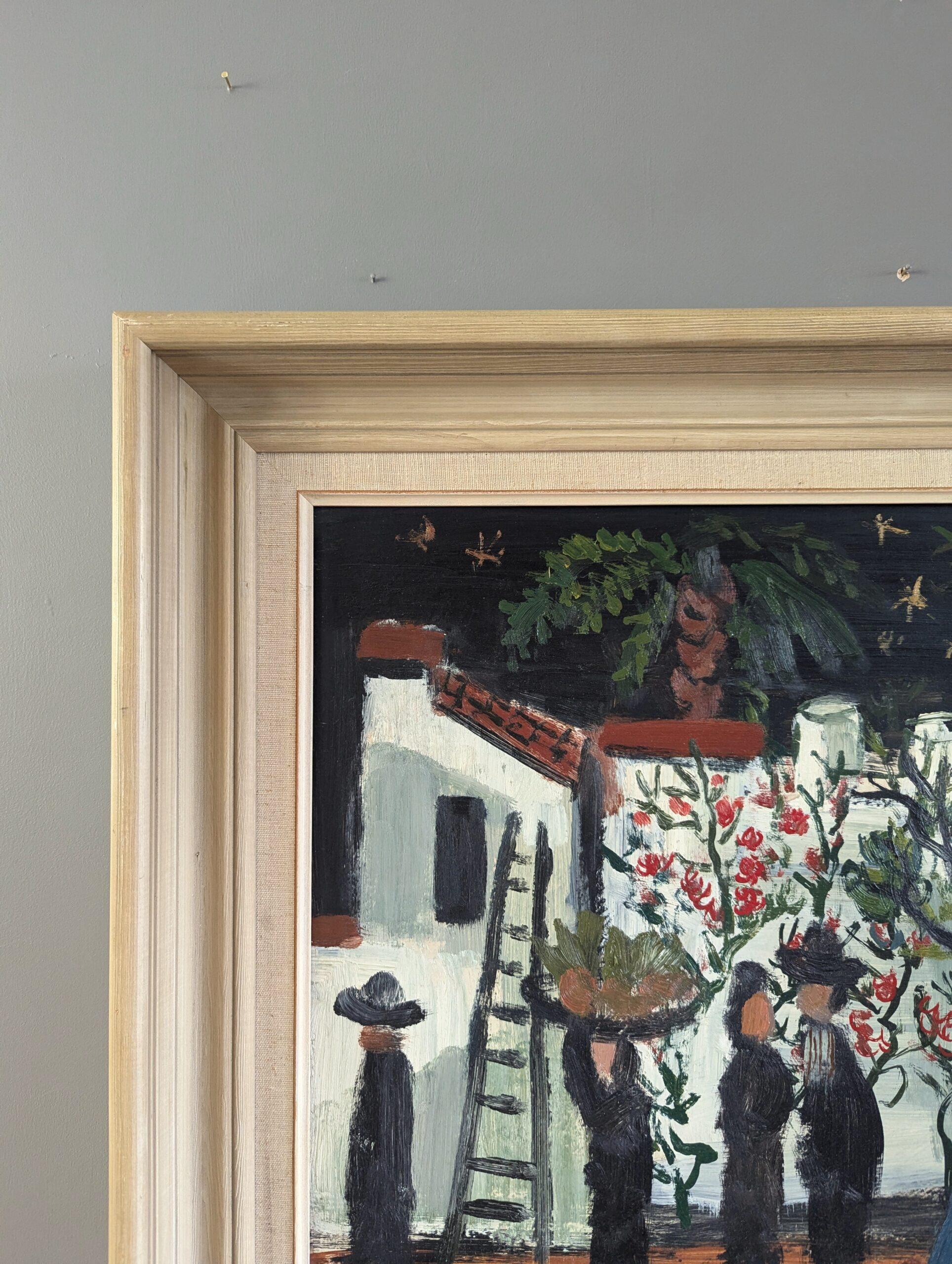 Pittura ad olio figurativa in stile naïf della metà del secolo scorso - Cortile del raccolto in vendita 1