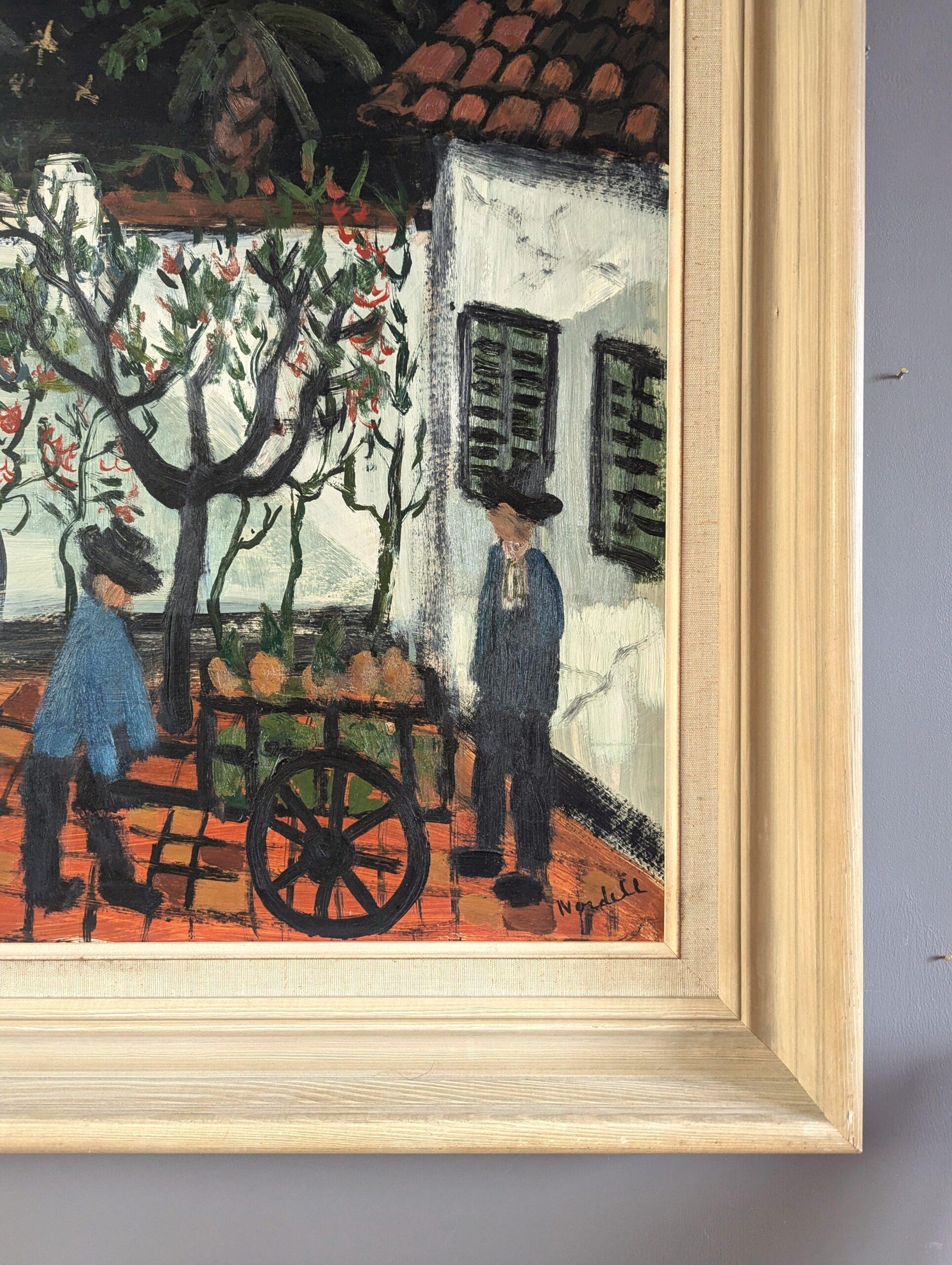Pittura ad olio figurativa in stile naïf della metà del secolo scorso - Cortile del raccolto in vendita 2