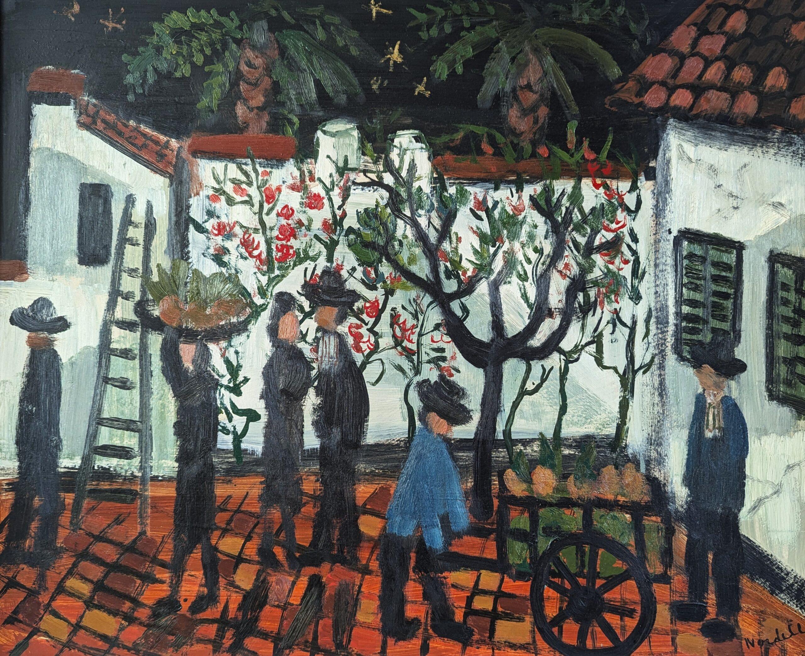 Pittura ad olio figurativa in stile naïf della metà del secolo scorso - Cortile del raccolto in vendita 3