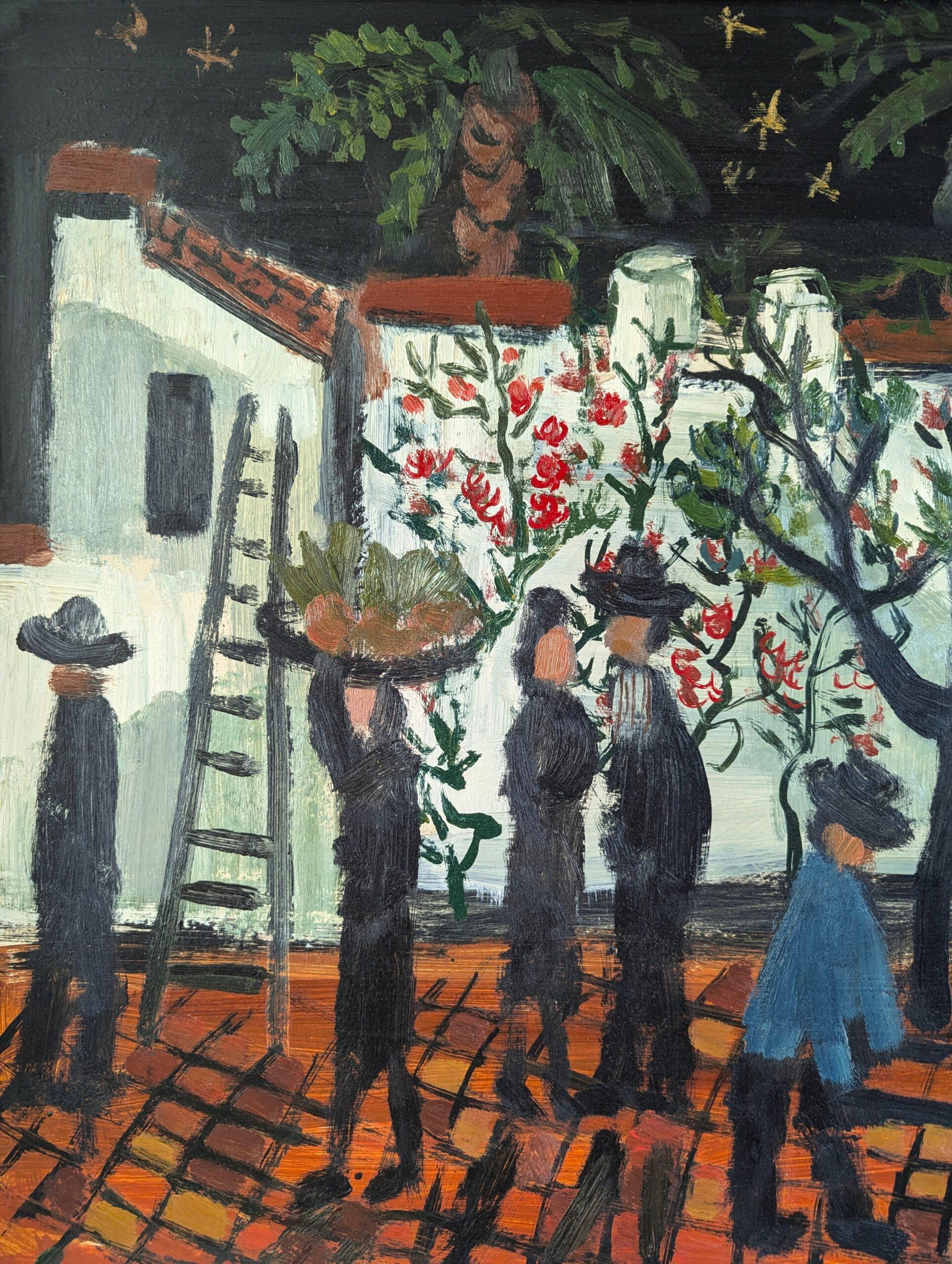 Pittura ad olio figurativa in stile naïf della metà del secolo scorso - Cortile del raccolto in vendita 4