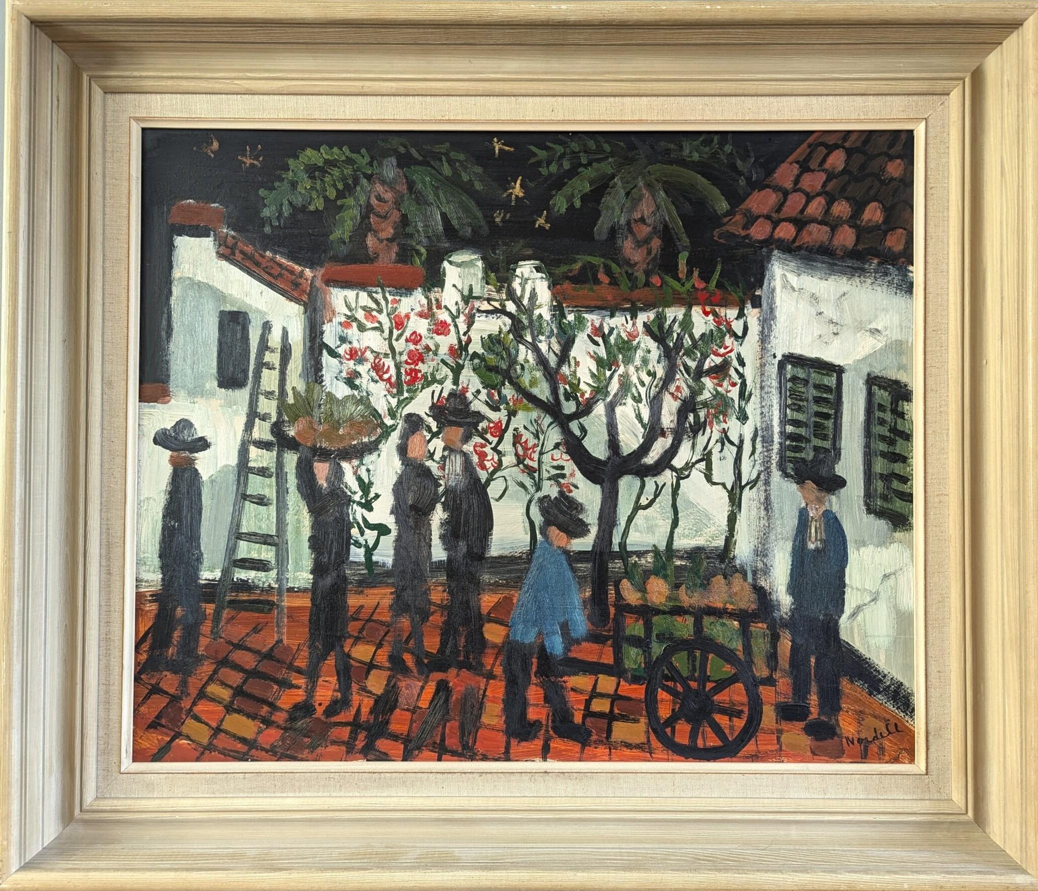 Figurative Painting di Unknown - Pittura ad olio figurativa in stile naïf della metà del secolo scorso - Cortile del raccolto