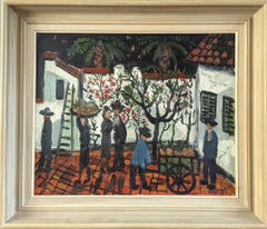 Mid-Century Modern Naïve Style Figurative Oil Painting - Courtyard Harvest