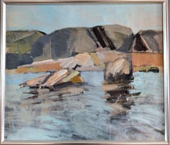 Pintura al óleo original de mediados del siglo XX Paisaje costero abstracto - Cantos rodados