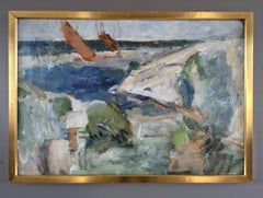 Peinture à l'huile abstraite originale de paysage côtier, moderne du milieu du siècle dernier