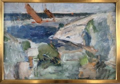 Peinture à l'huile abstraite originale de paysage côtier, moderne du milieu du siècle dernier