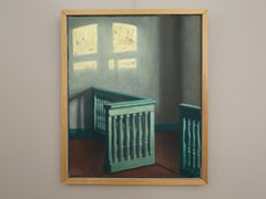 Mid Century Modern Original Swedish Interior Oil Painting - Sunlit Landing