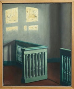 Mid Century Modern Original Swedish Interior Oil Painting - Sunlit Landing