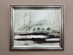Mid Century Modern Original Swedish Landscape Oil Painting - Winter Reeds