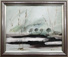 Mid Century Modern Original Swedish Landscape Oil Painting - Winter Reeds