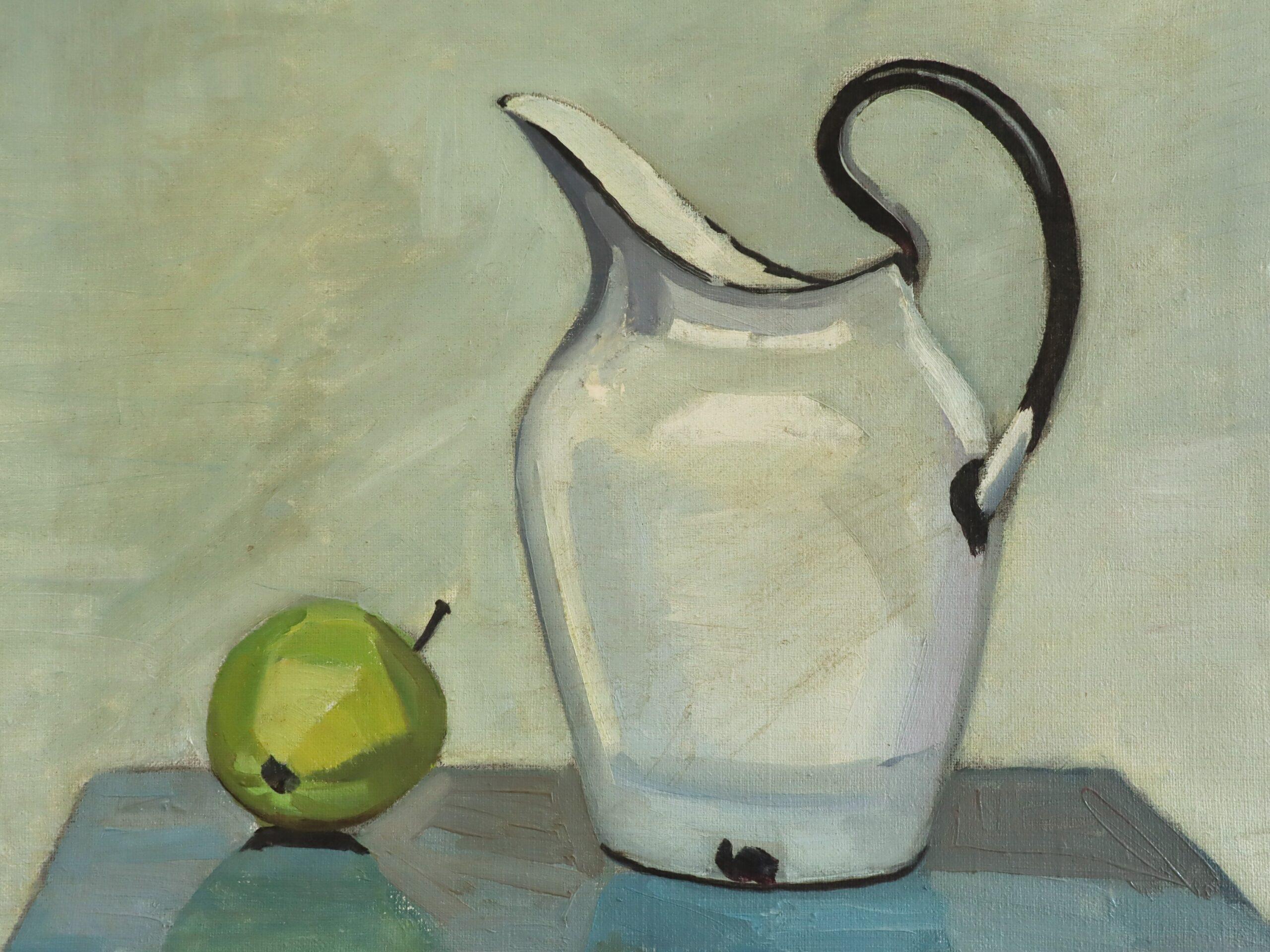 Mid Century Modern Original Swedish Still Life Oil Painting - Pear & Pitcher im Angebot 7