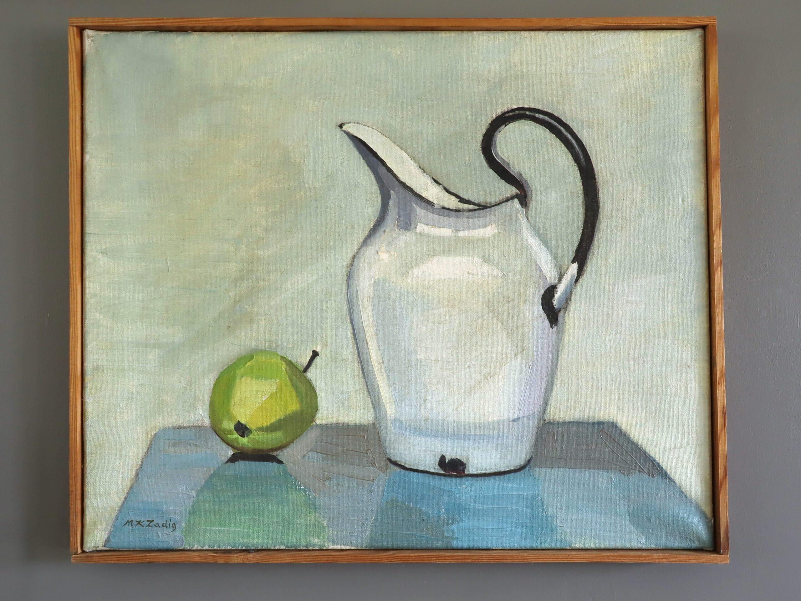 Mid Century Modern Original Swedish Still Life Oil Painting - Pear & Pitcher (Grau), Still-Life Painting, von Unknown