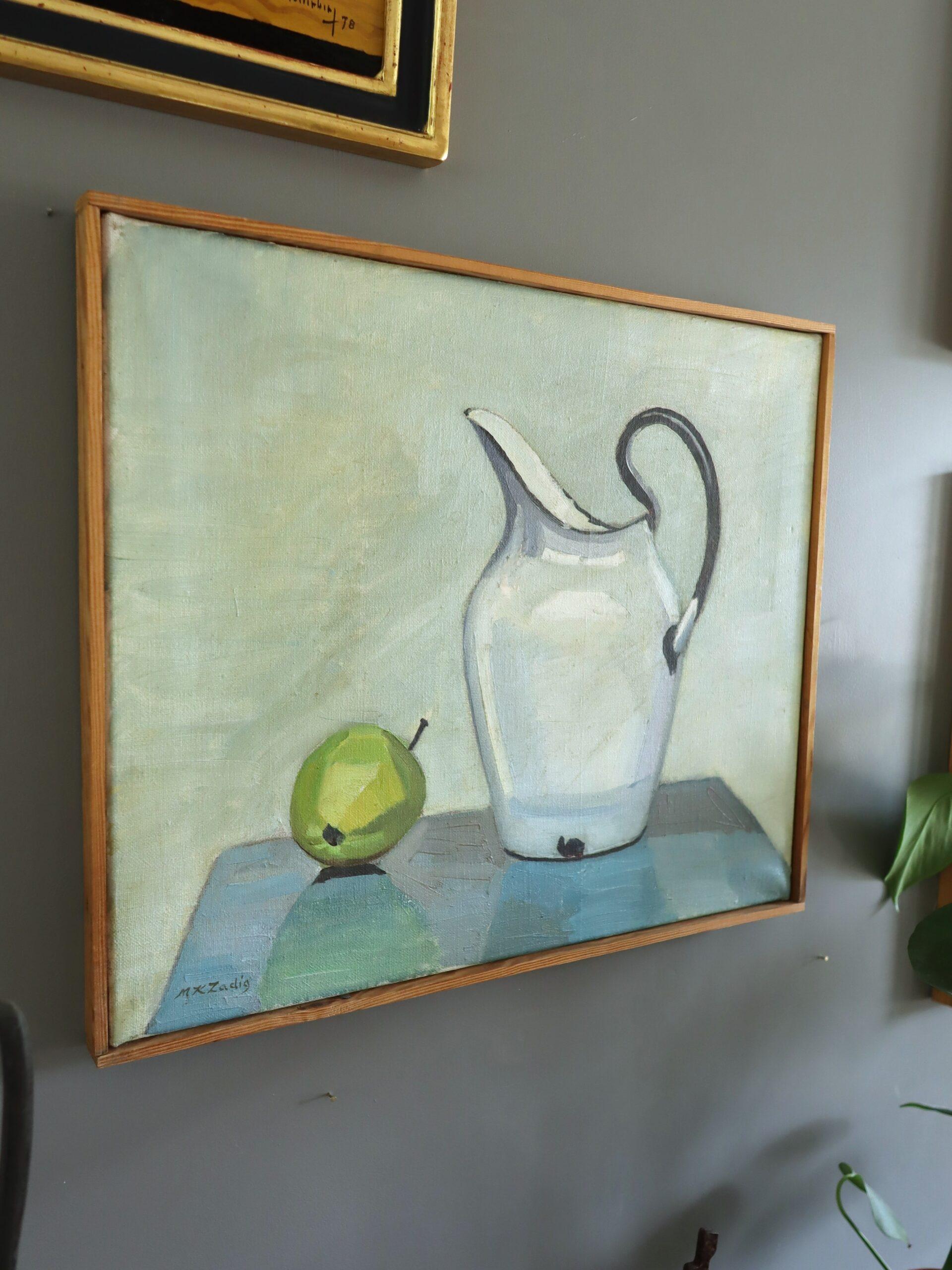 Mid Century Modern Original Swedish Still Life Oil Painting - Pear & Pitcher im Angebot 1