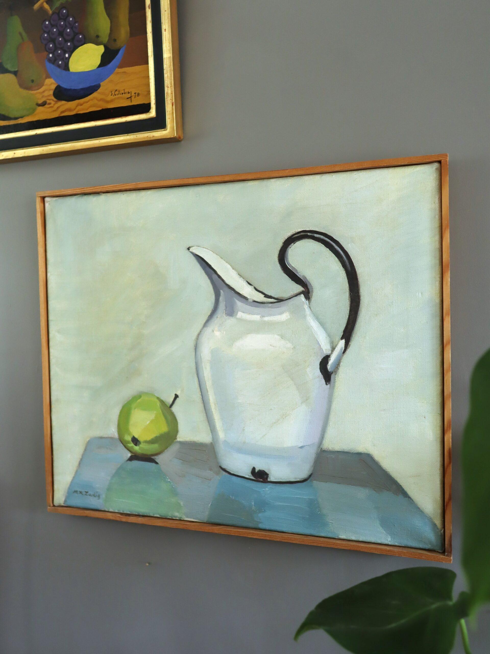 Mid Century Modern Original Swedish Still Life Oil Painting - Pear & Pitcher im Angebot 2