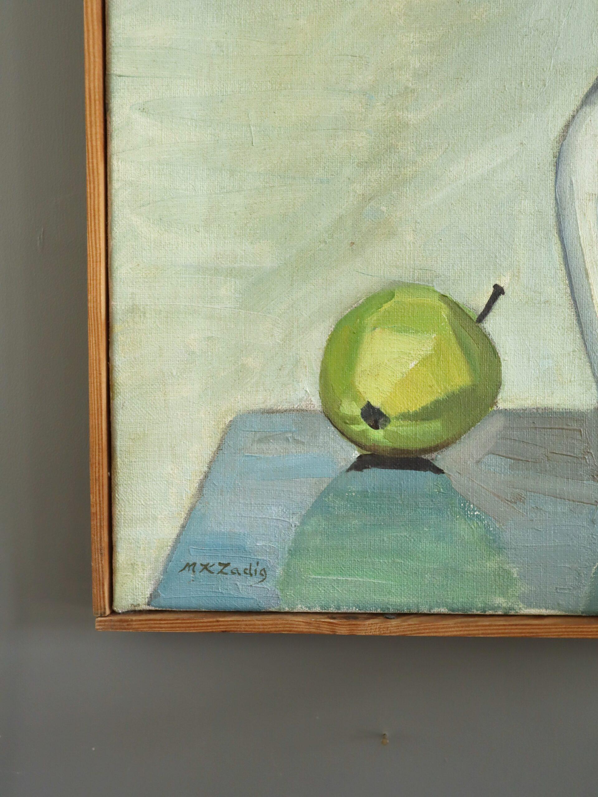 Mid Century Modern Original Swedish Still Life Oil Painting - Pear & Pitcher im Angebot 3