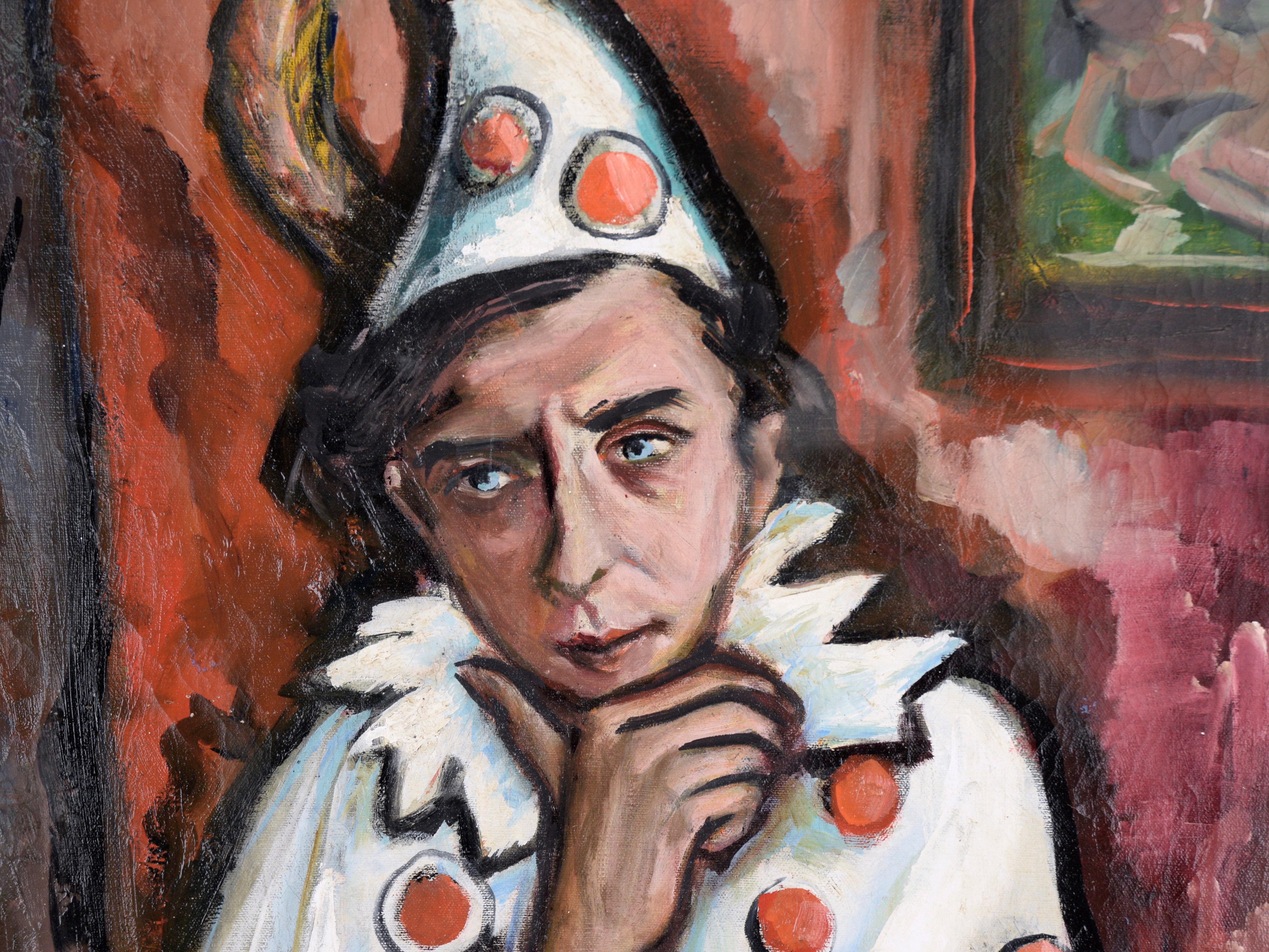 Mid Century Modern Portrait Polka Dot Suit Clown by Joan Tidwell  - Painting by Unknown
