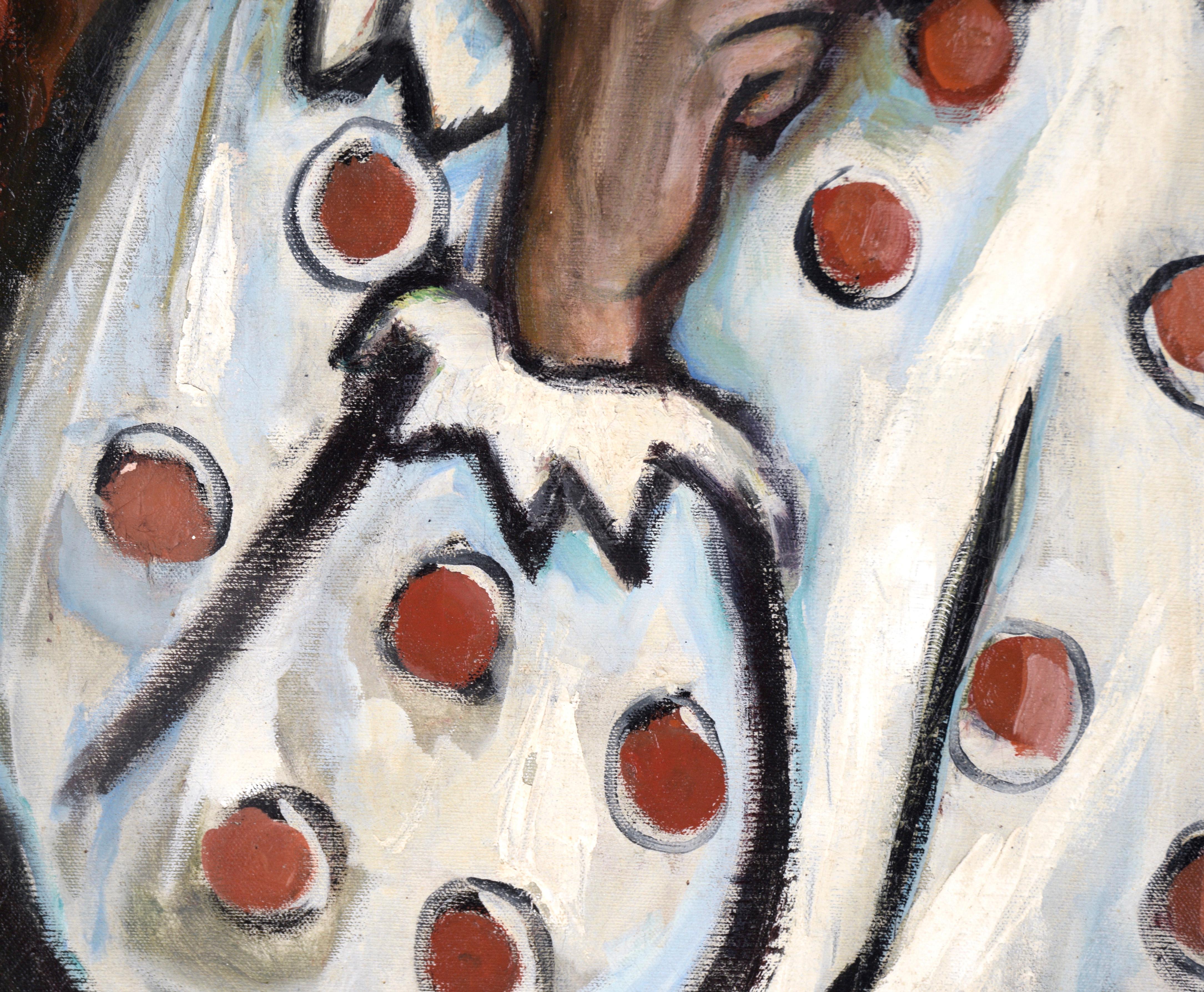 Portrait of a Man in a Polka Dot Clown Suit - Oil on Canvas

Portrait of a man in a white and red polka dot suit by a Joan Tidwell (American, 1930-2005). The clown is pensive, with his chin in his hand. He is standing in a room with red wallpaper.