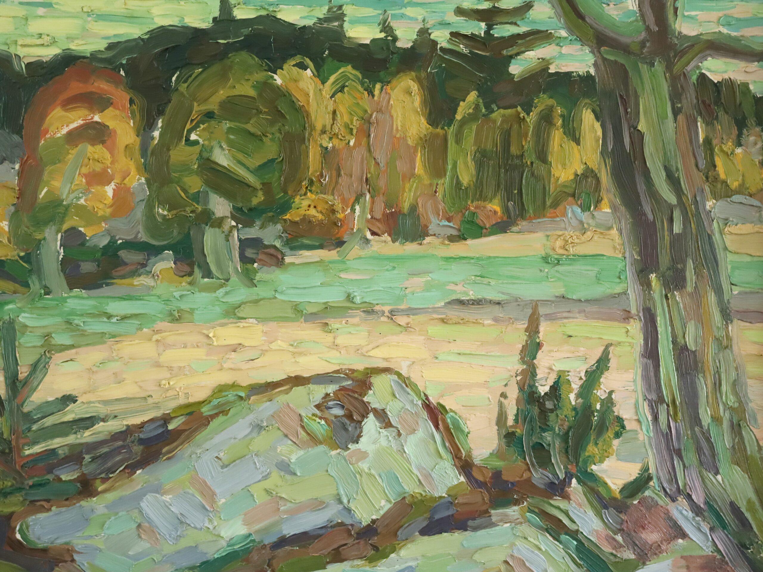 Peinture à l'huile de paysage post-impressionniste du milieu du siècle dernier - Autumn Meadow en vente 5