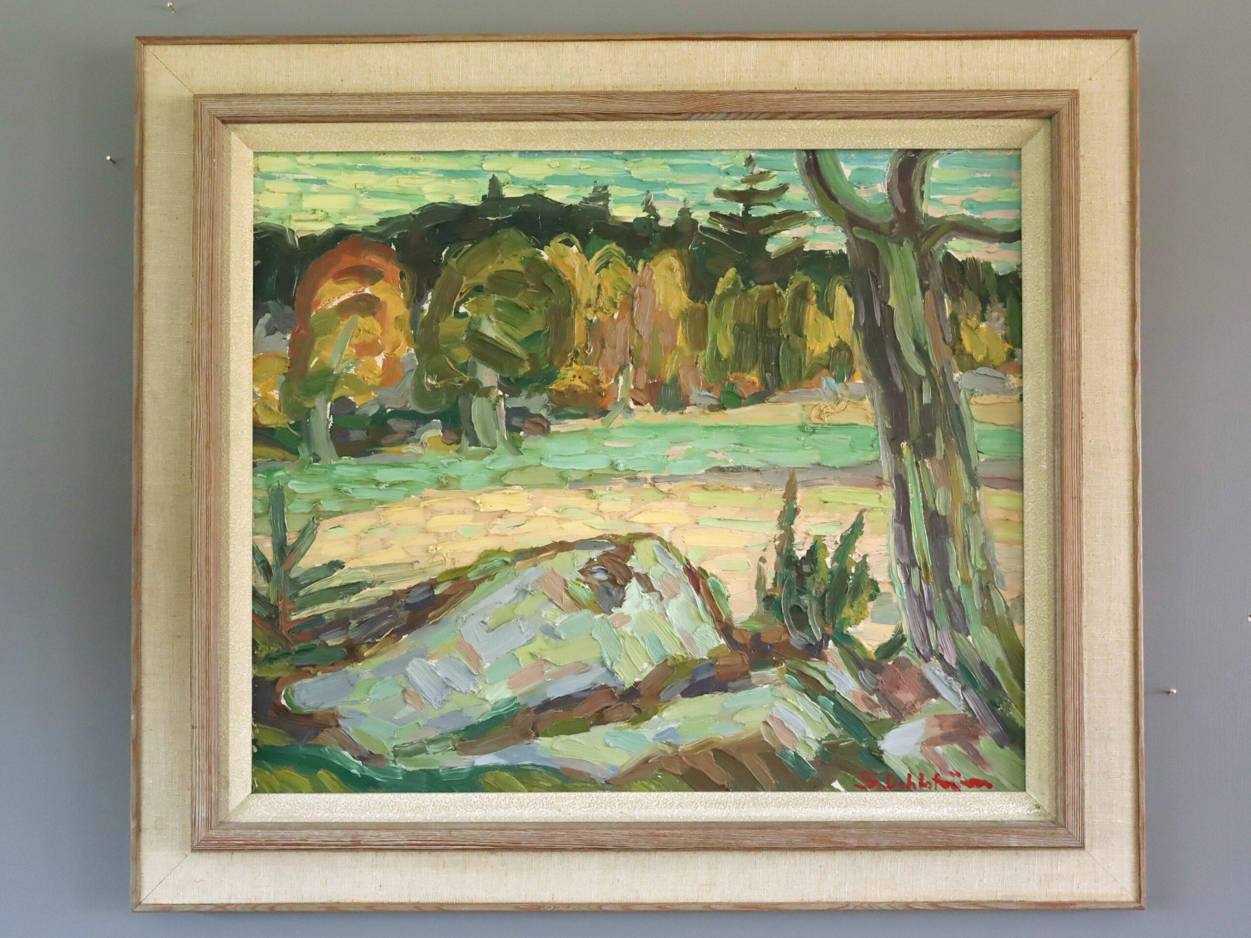 Peinture à l'huile de paysage post-impressionniste du milieu du siècle dernier - Autumn Meadow - Painting de Unknown