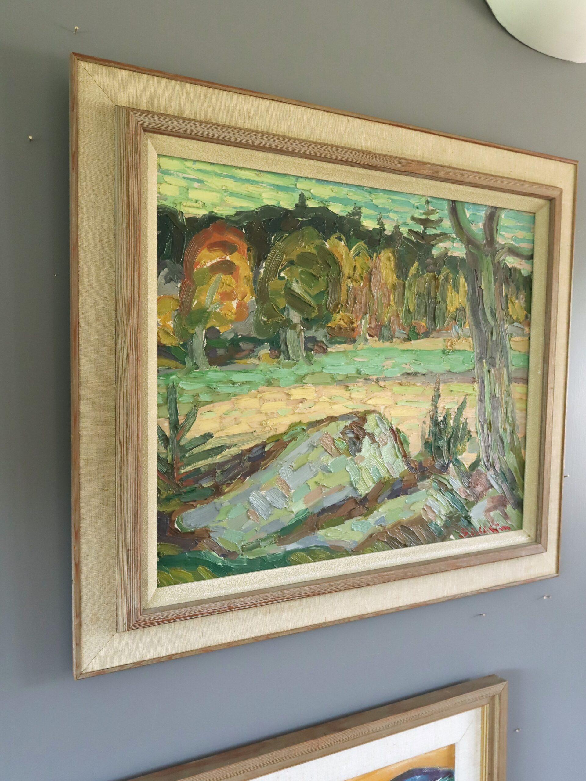 Peinture à l'huile de paysage post-impressionniste du milieu du siècle dernier - Autumn Meadow - Marron Landscape Painting par Unknown