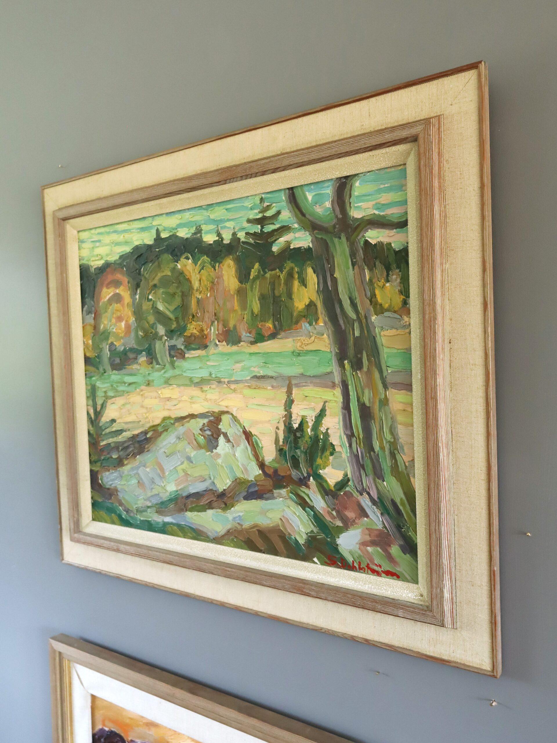 PRAIRIE DE L'AUTRUCHE
Dimensions : 61 x 70 cm (cadre compris)
Huile sur carton

Une composition énergique du milieu du siècle qui capture un paysage automnal serein avec une main audacieuse et expressive, exécutée à l'huile sur carton.

Au premier