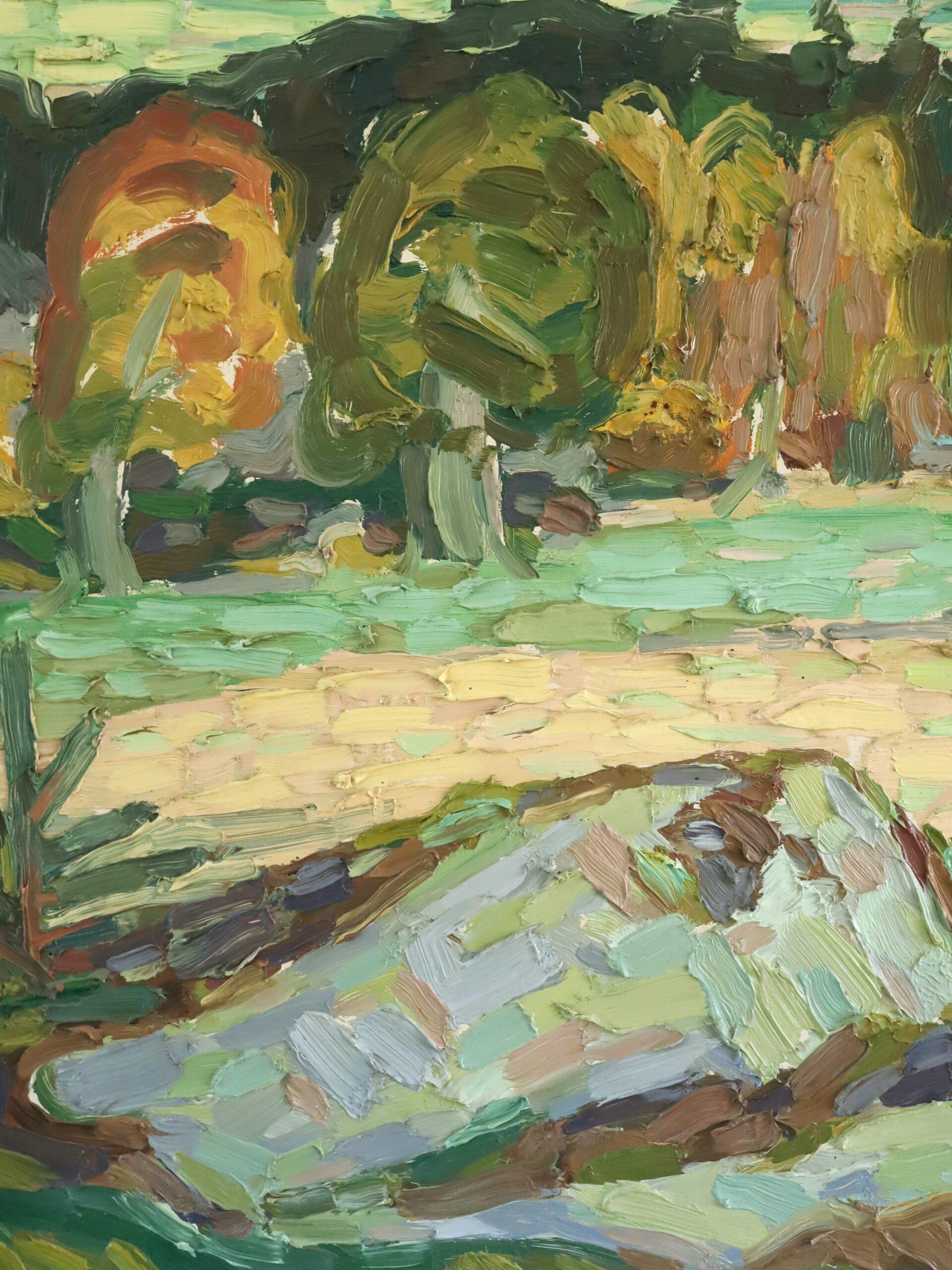 Peinture à l'huile de paysage post-impressionniste du milieu du siècle dernier - Autumn Meadow en vente 3