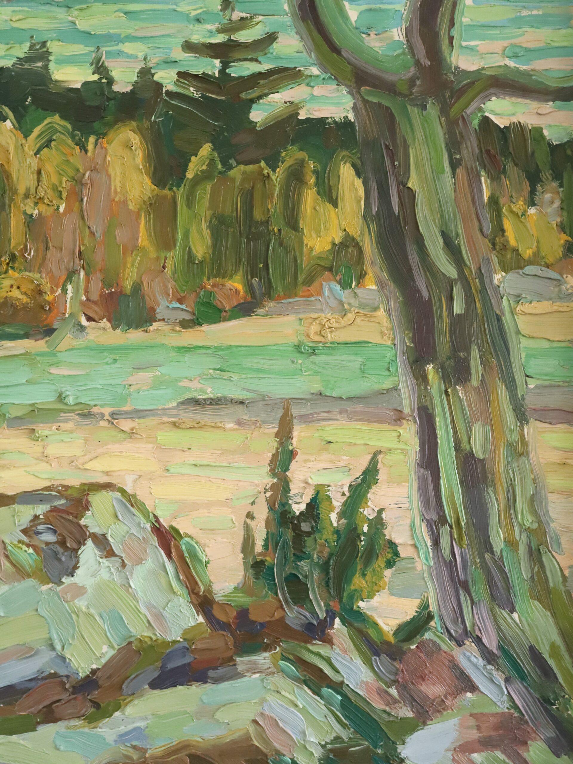 Peinture à l'huile de paysage post-impressionniste du milieu du siècle dernier - Autumn Meadow en vente 4