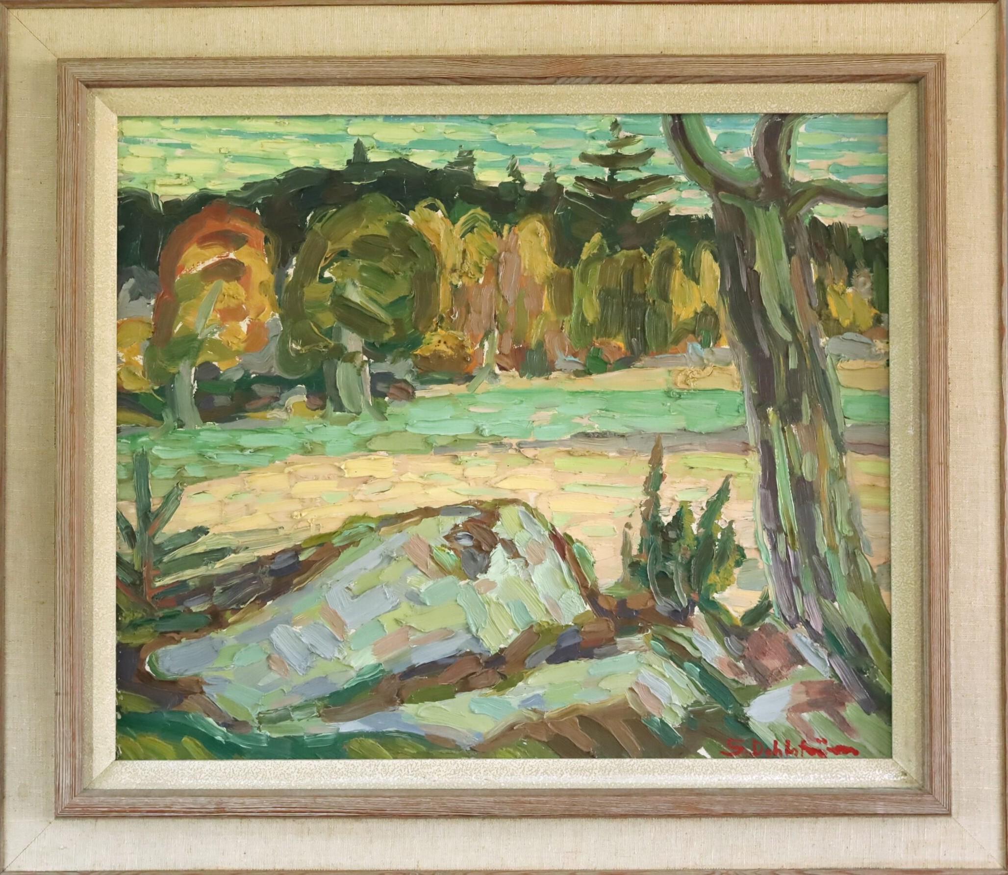 Landscape Painting Unknown - Peinture à l'huile de paysage post-impressionniste du milieu du siècle dernier - Autumn Meadow