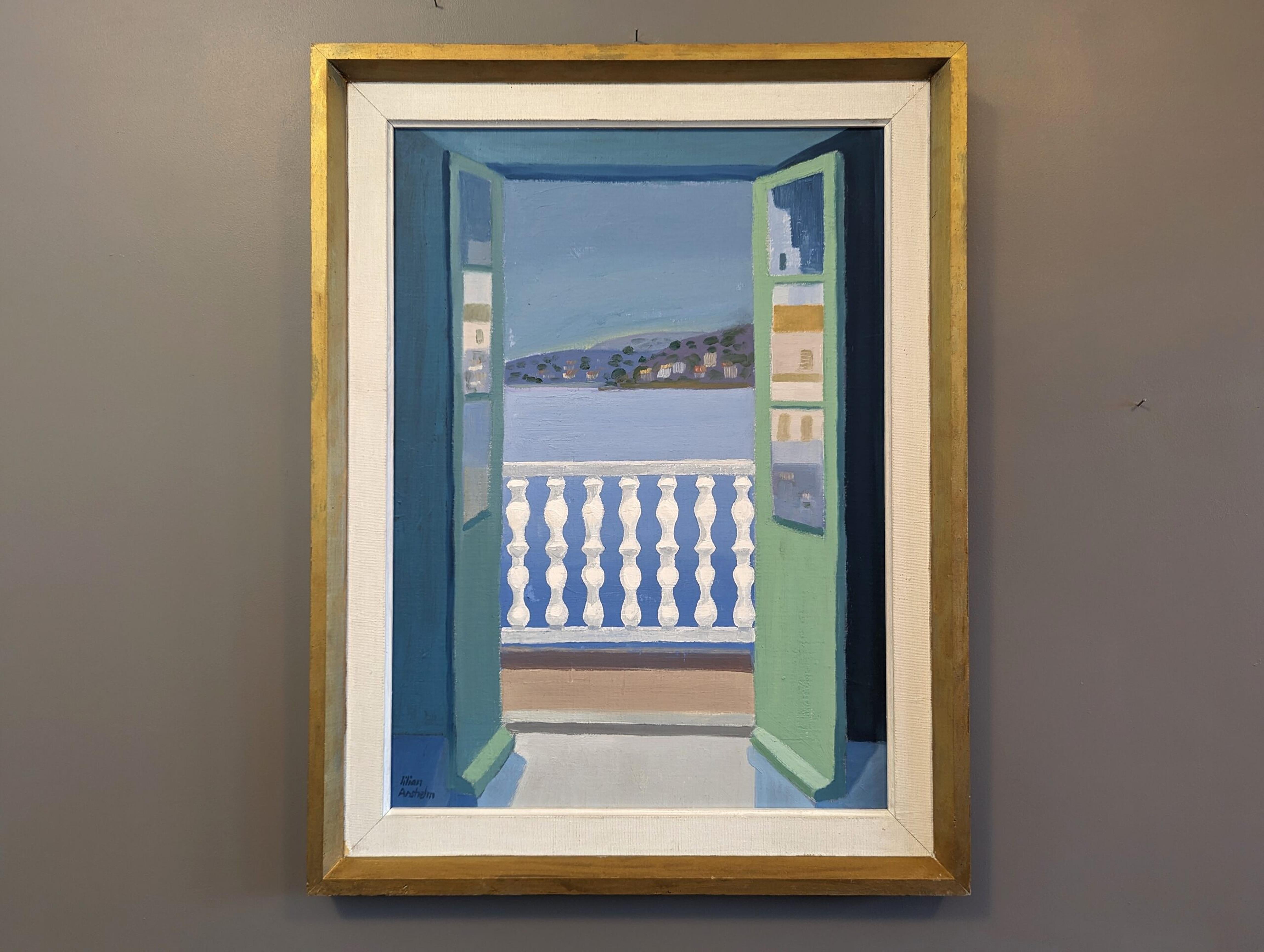 BALCONY VIEWS
Size: 65 x 50.5 cm (including frame)
Oil on Board

A charming and inviting mid-century composition, executed in oil onto board.

The painting presents an open door leading to a balcony with white balustrades. Beyond it, the expansive