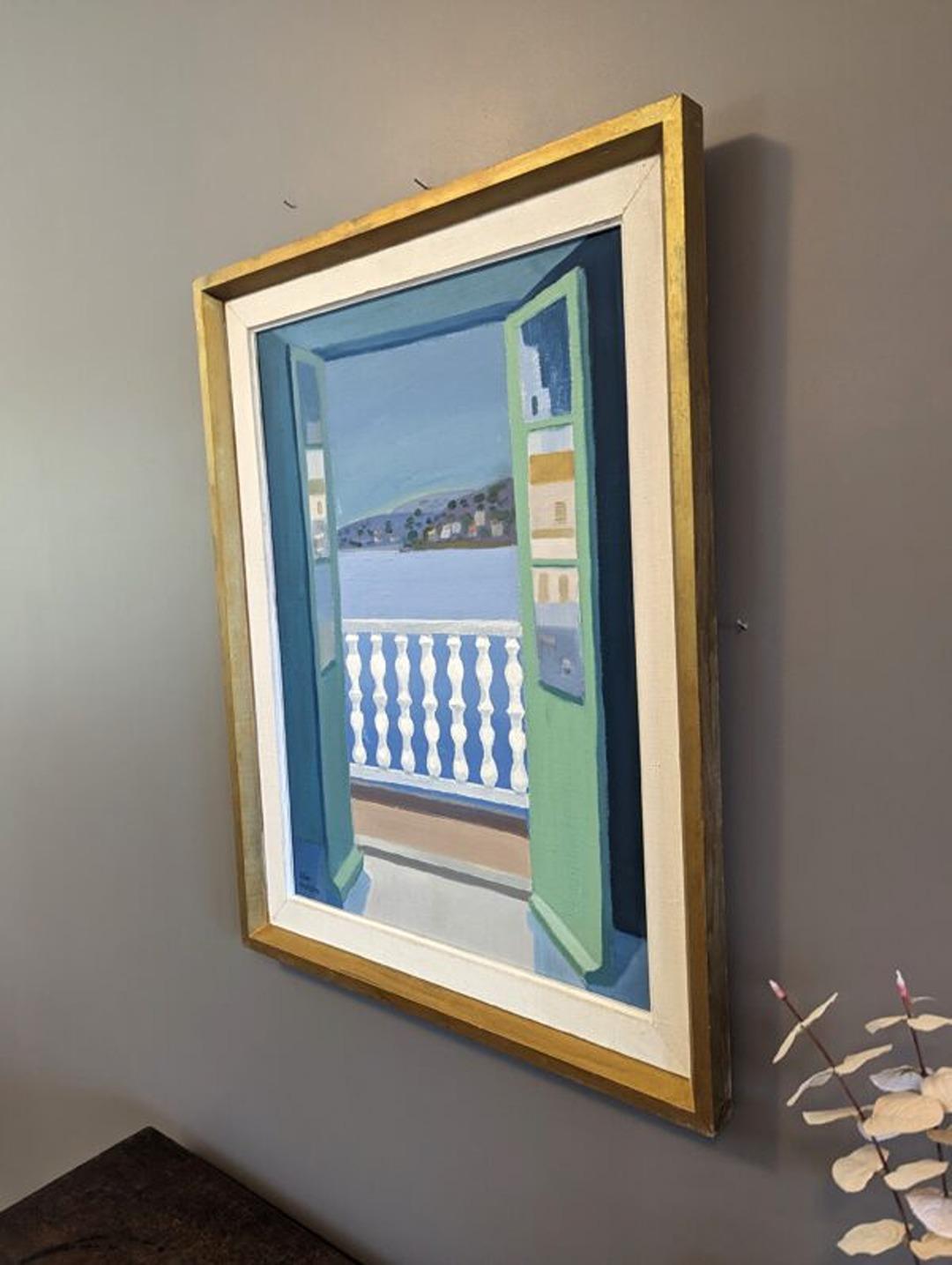 Mid-Century Modern Seascape Framed Oil Painting - Balcony Views For Sale 3