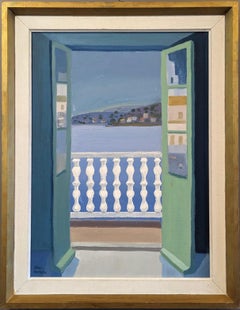 Vintage Mid-Century Modern Seascape Framed Oil Painting - Balcony Views