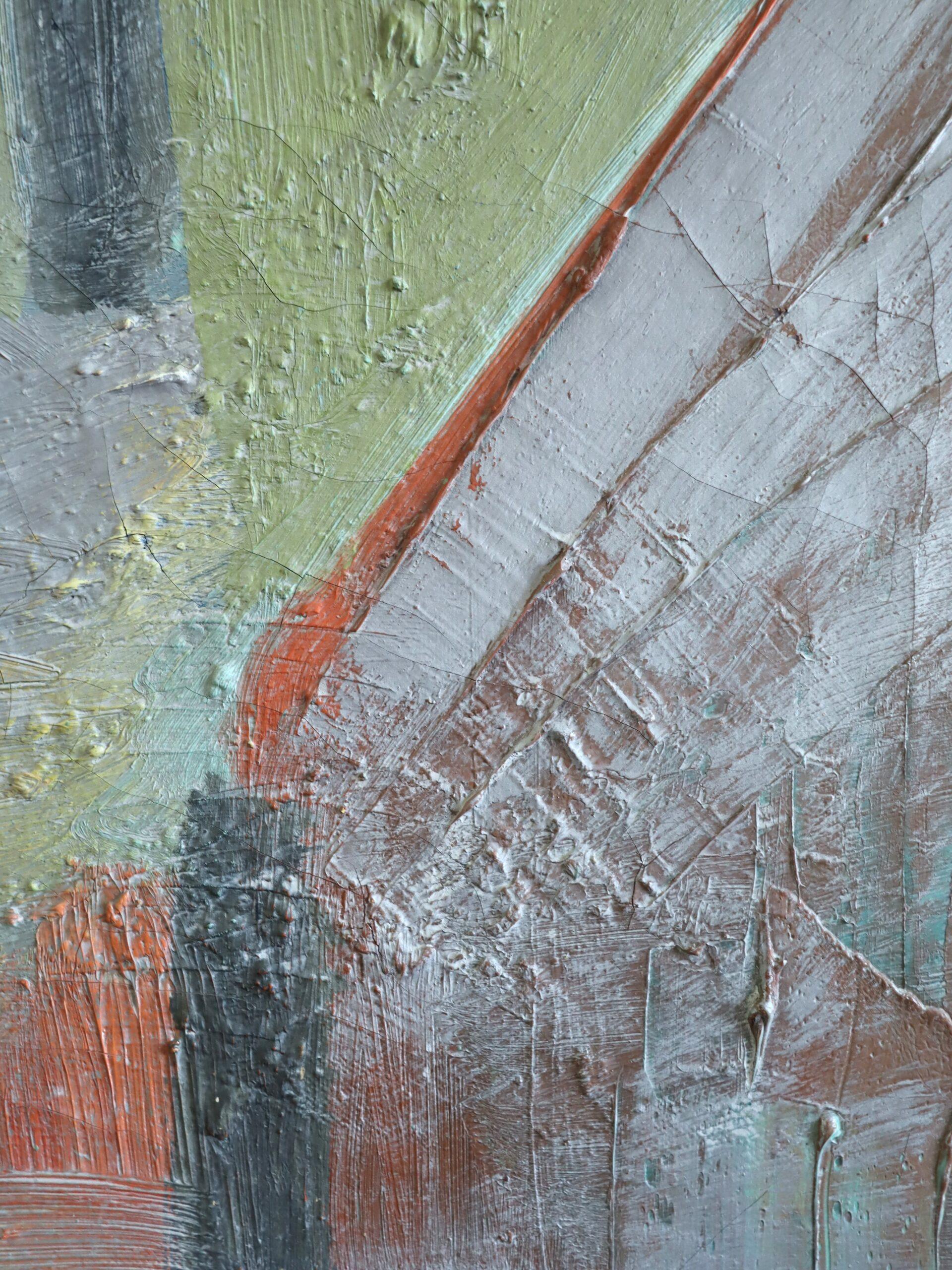 Mid Century Modern Semi-Abstract Landscape Ölgemälde - Häuser mit roten Dächern im Angebot 5