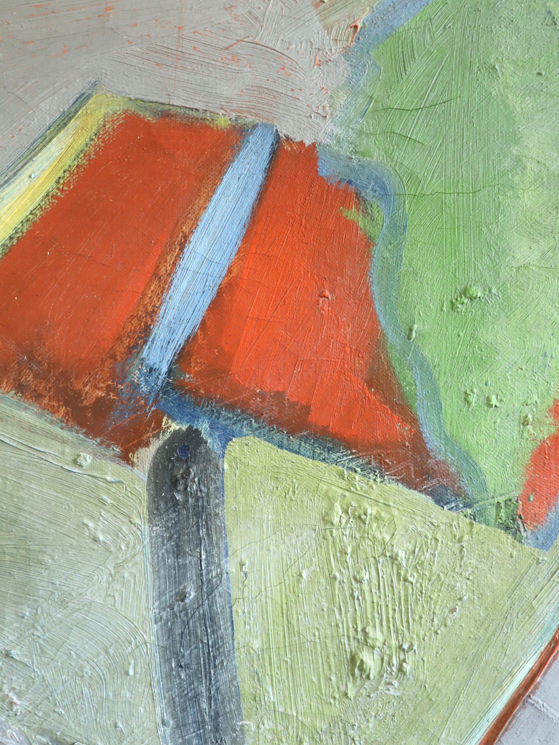 Mid Century Modern Semi-Abstract Landscape Ölgemälde - Häuser mit roten Dächern im Angebot 6