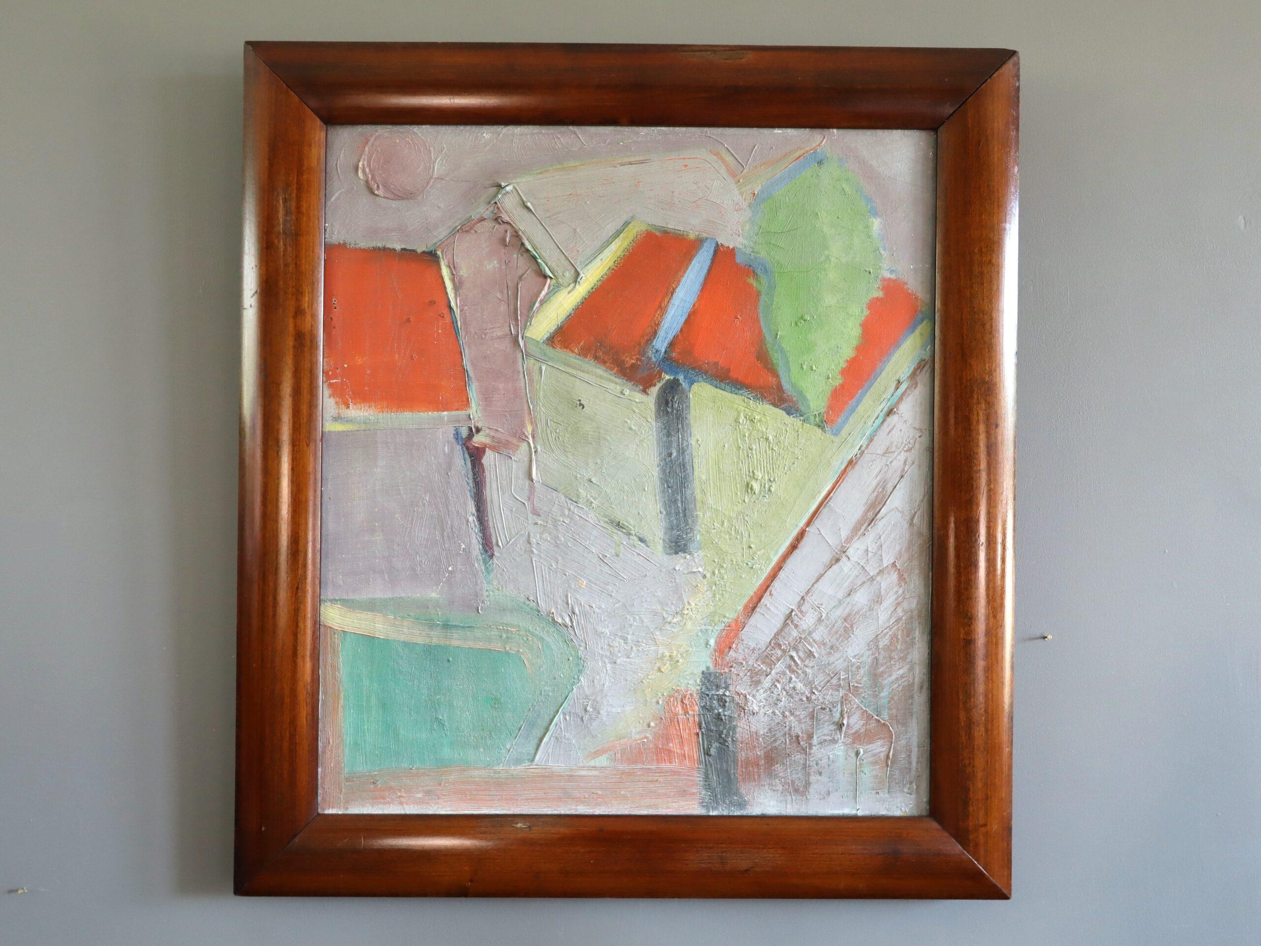 Mid Century Modern Semi-Abstract Landscape Ölgemälde - Häuser mit roten Dächern – Painting von Unknown