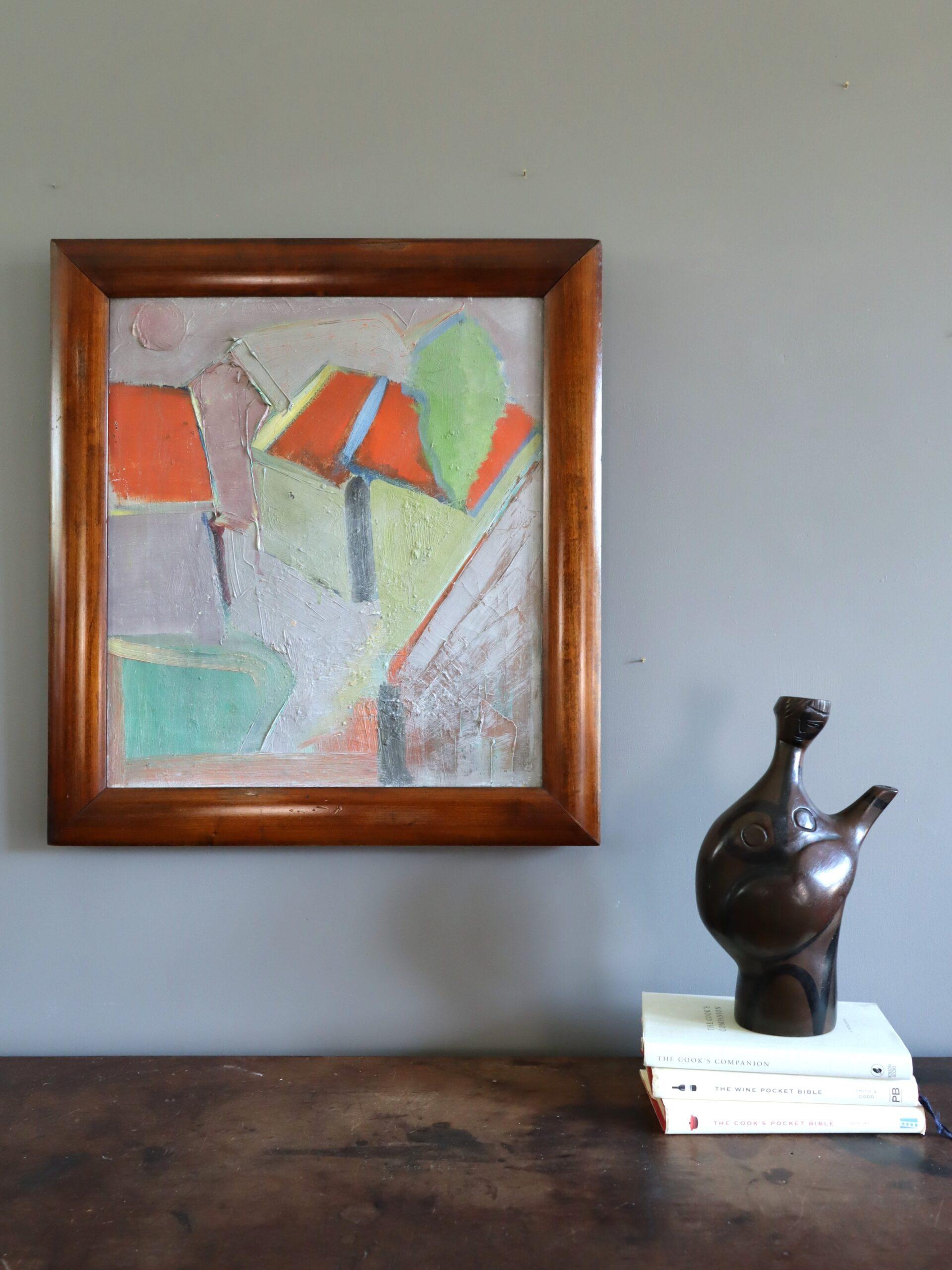 Mid Century Modern Semi-Abstract Landscape Ölgemälde - Häuser mit roten Dächern (Moderne), Painting, von Unknown