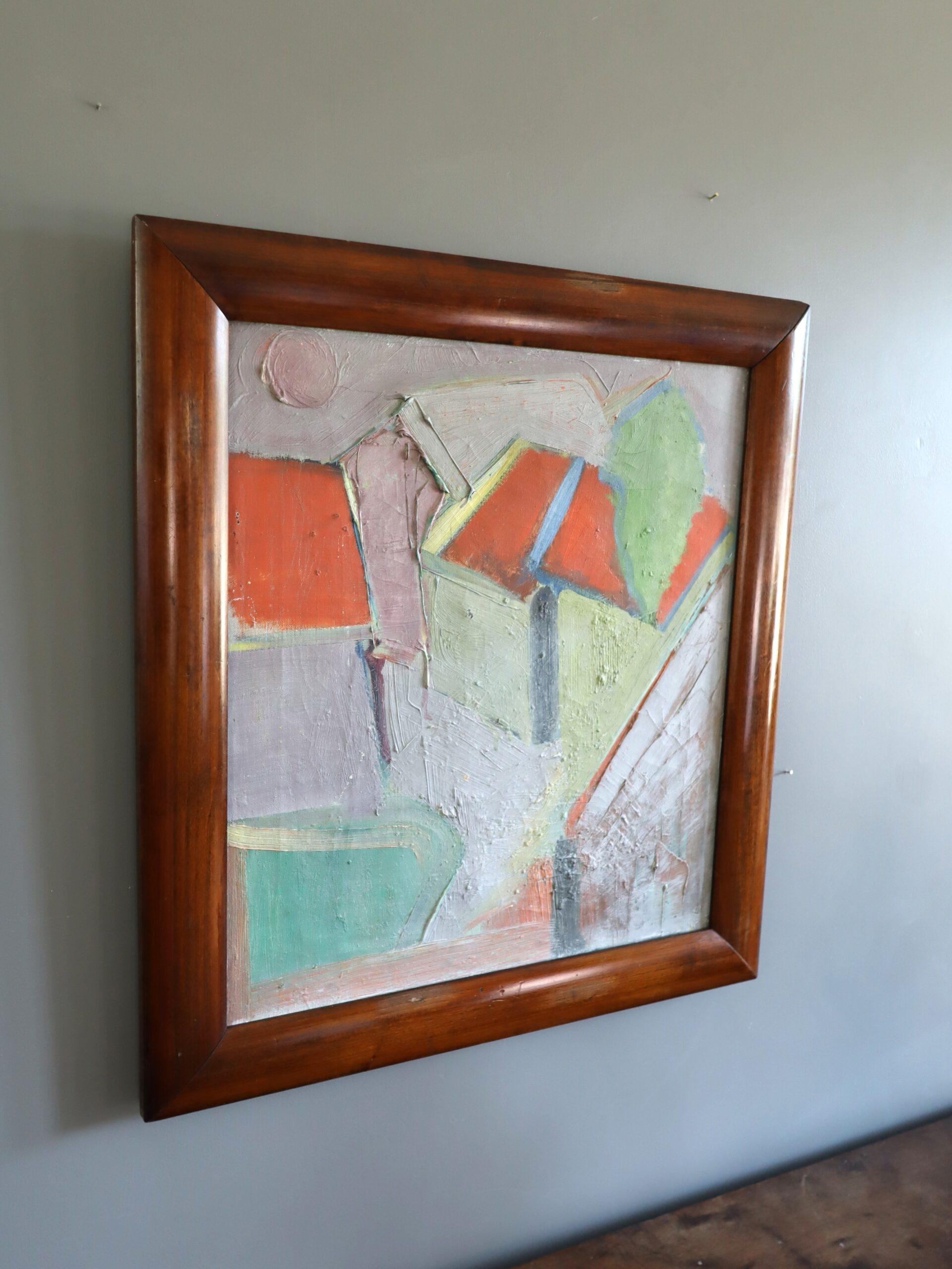 Mid Century Modern Semi-Abstract Landscape Ölgemälde - Häuser mit roten Dächern (Grau), Landscape Painting, von Unknown