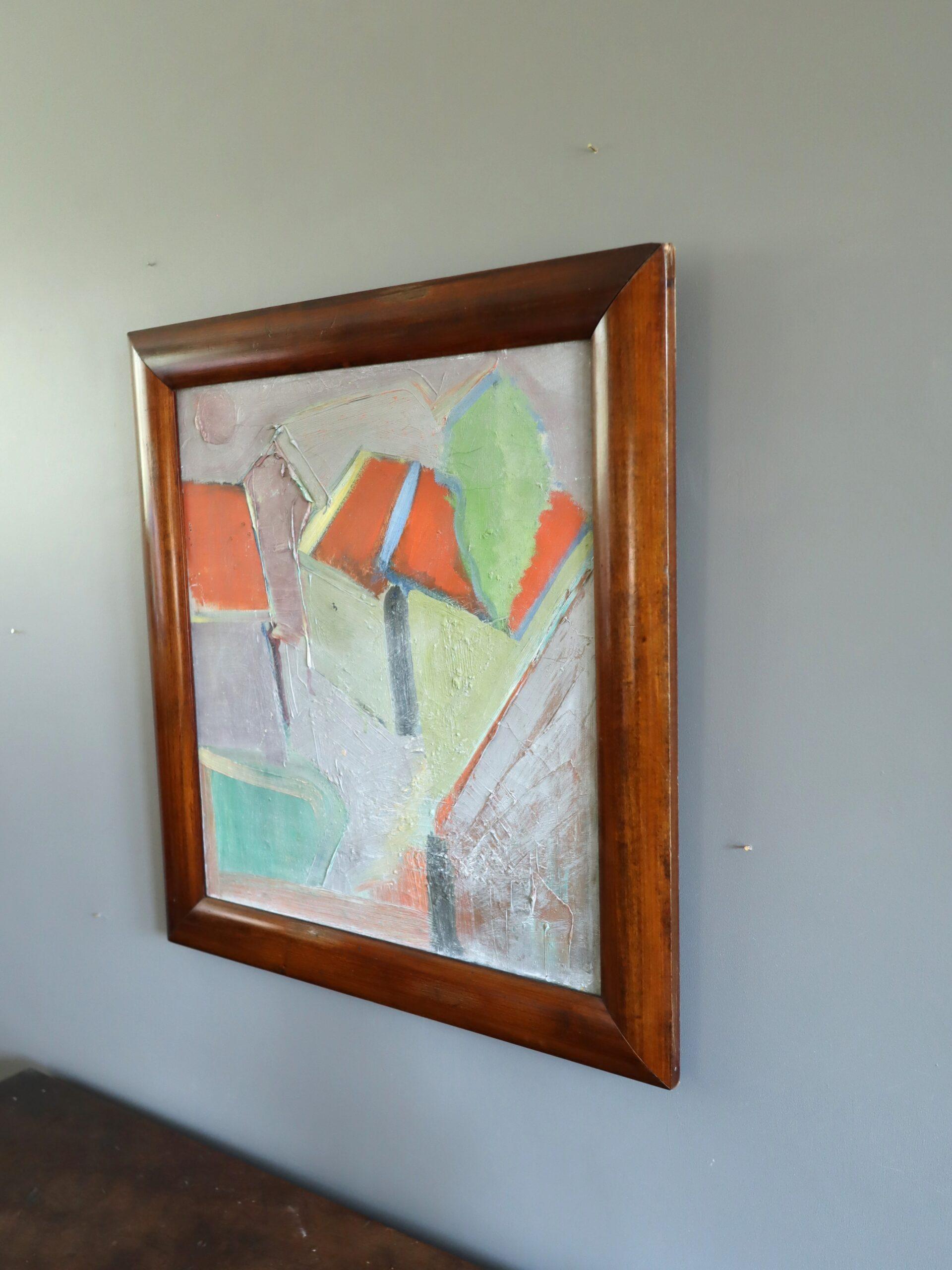 HÄUSER MIT ROTEN DÄCHERN
Größe: 54 x 49 cm (einschließlich Rahmen)
Öl auf Leinwand

Ein Gemälde aus der Mitte des Jahrhunderts, das eine halb abstrahierte Stadtszene mit Häusern darstellt, ausgeführt in Öl auf Leinwand.

Eckige Dächer in kräftigen