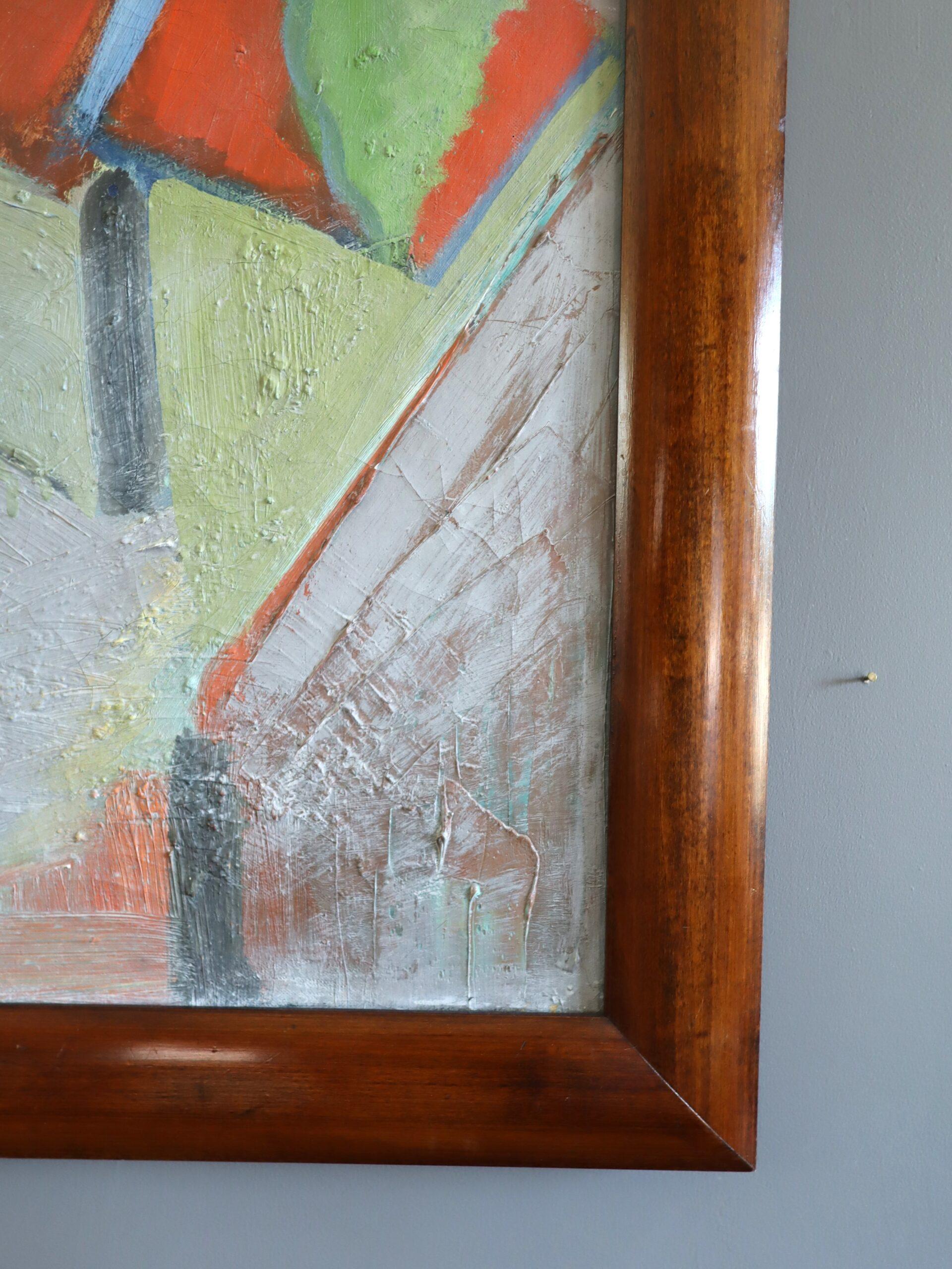 Mid Century Modern Semi-Abstract Landscape Ölgemälde - Häuser mit roten Dächern im Angebot 2