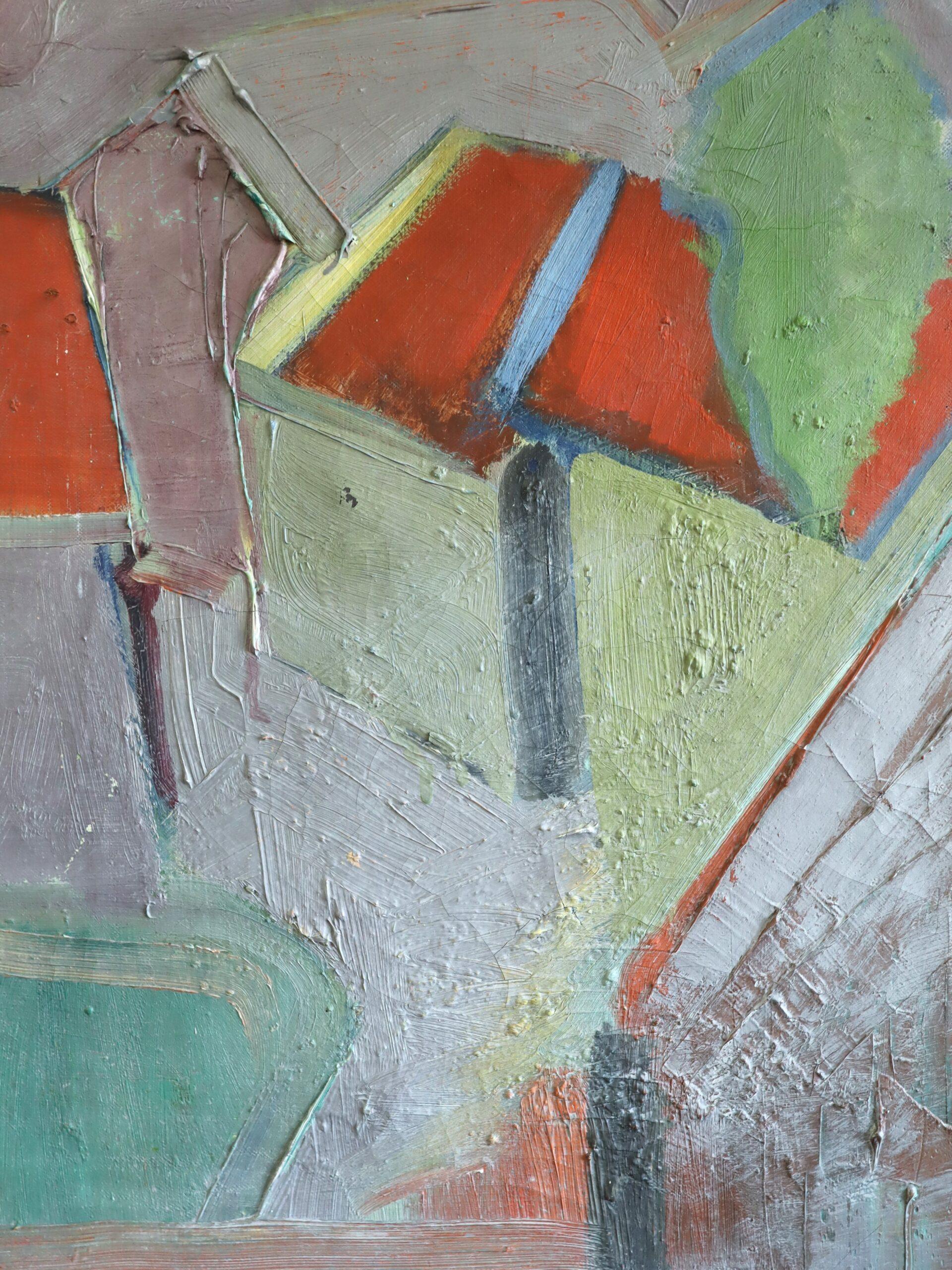 Mid Century Modern Semi-Abstract Landscape Ölgemälde - Häuser mit roten Dächern im Angebot 3