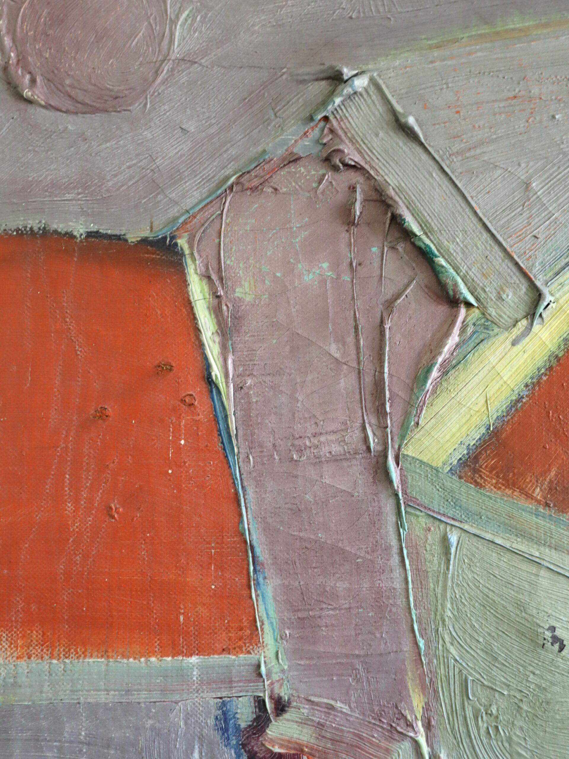 Mid Century Modern Semi-Abstract Landscape Ölgemälde - Häuser mit roten Dächern im Angebot 4