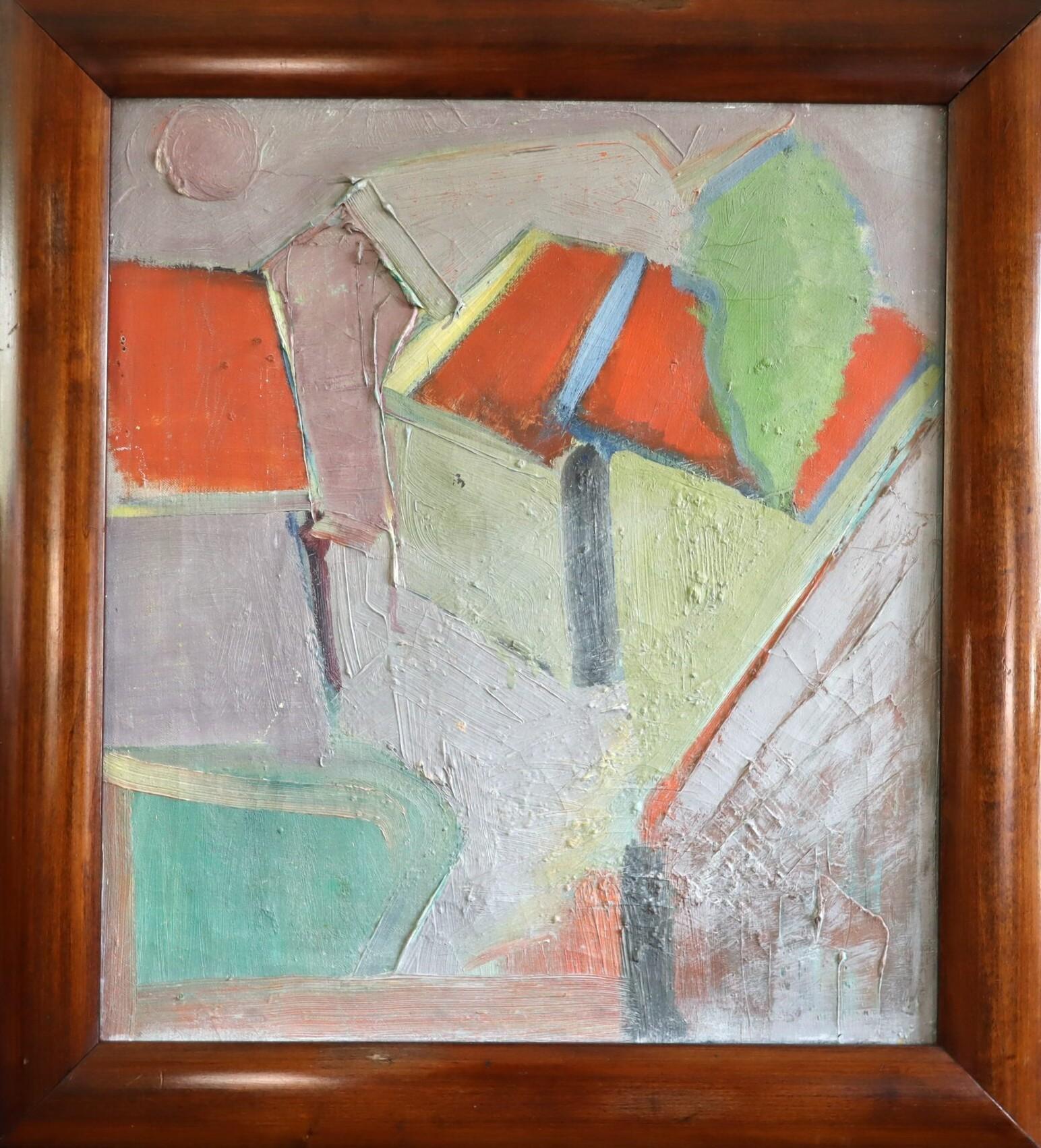 Peinture à l'huile de paysage semi-abstrait du milieu du siècle dernier - Maisons aux toits rouges