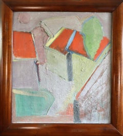 Peinture à l'huile de paysage semi-abstrait du milieu du siècle dernier - Maisons aux toits rouges